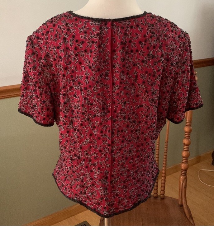 Vintage Adrianna Papell Boutique Evening Red Silk Blouse Beaded XL