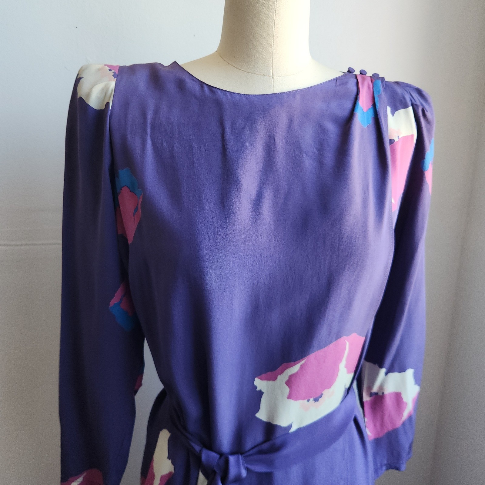 Nora Noh Silk Midi Dress Purple 8 Vintage Abstract Floral Retro 80s Avant Garde