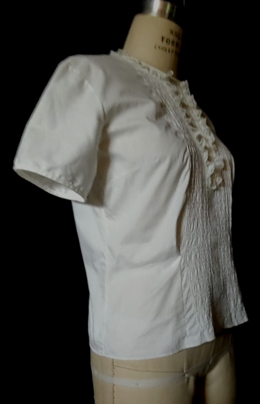 Vtg 1960s MCM Women’s WHITE Cotton TOP, Lacy Details, Short Sleeve by RHODA LEE