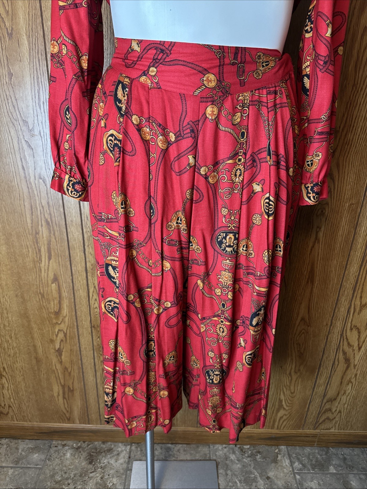 Vtg Leslie Faye Wide Leg Crop Culotte Pant & Blouse Set Equestrian Print 12P