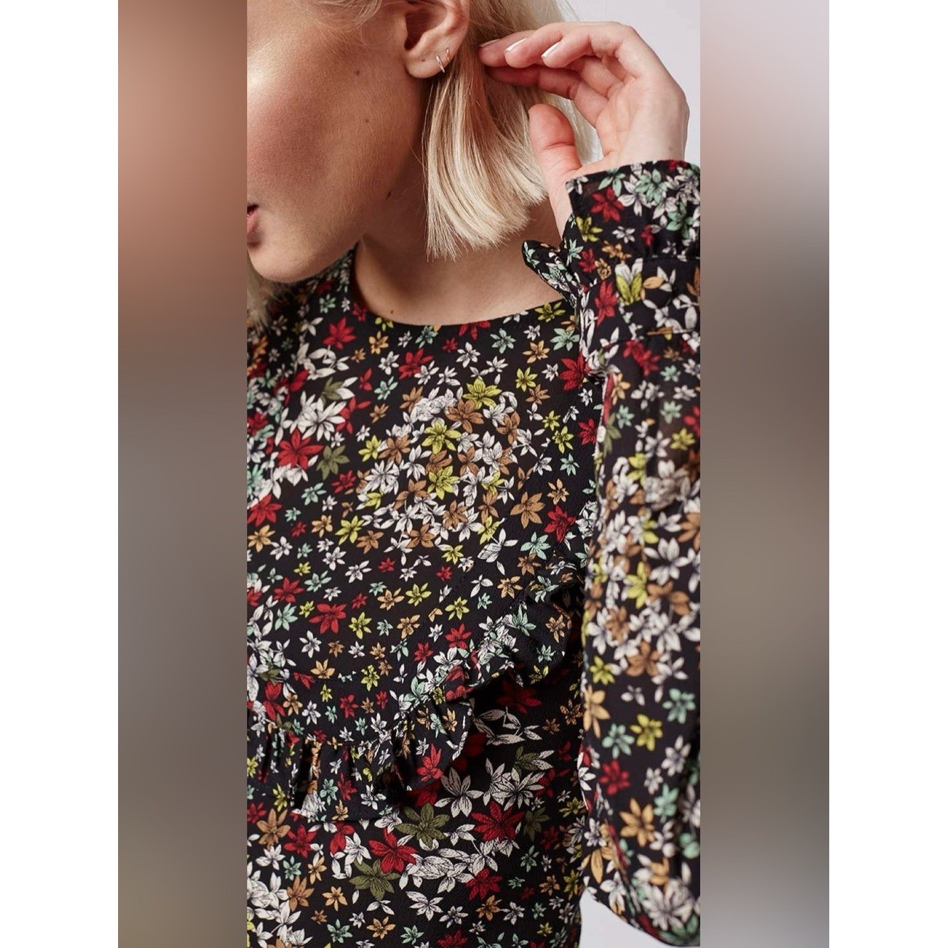 Topshop Floral Ruffle Mini Dress Black Multi Long Sleeve US 4 EU 36