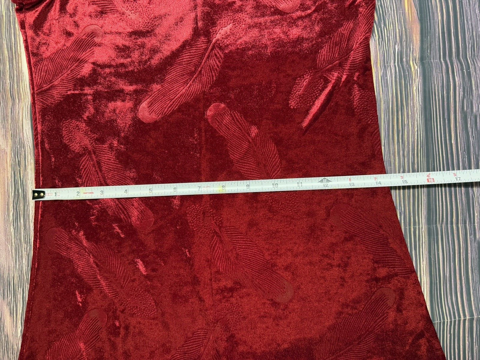 Vintage 90s Y2K Whimsy Goth Velvet Blood Red Feather Embossed Print Maxi Dress