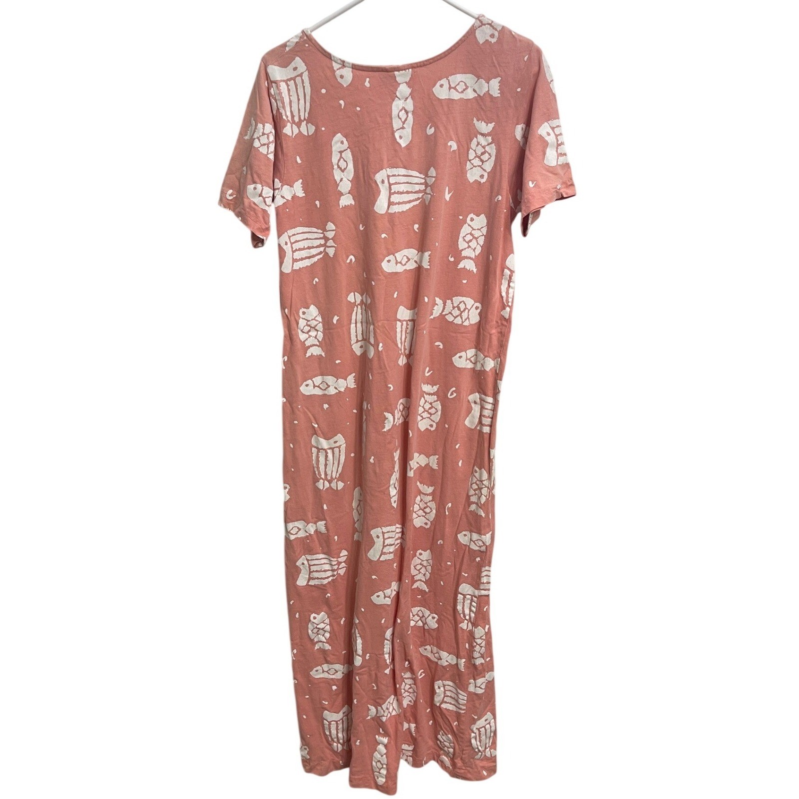 Vintage 90s Fish Print Maxi Dress Pink Coastal Beachy Vacation Resort Wear Small