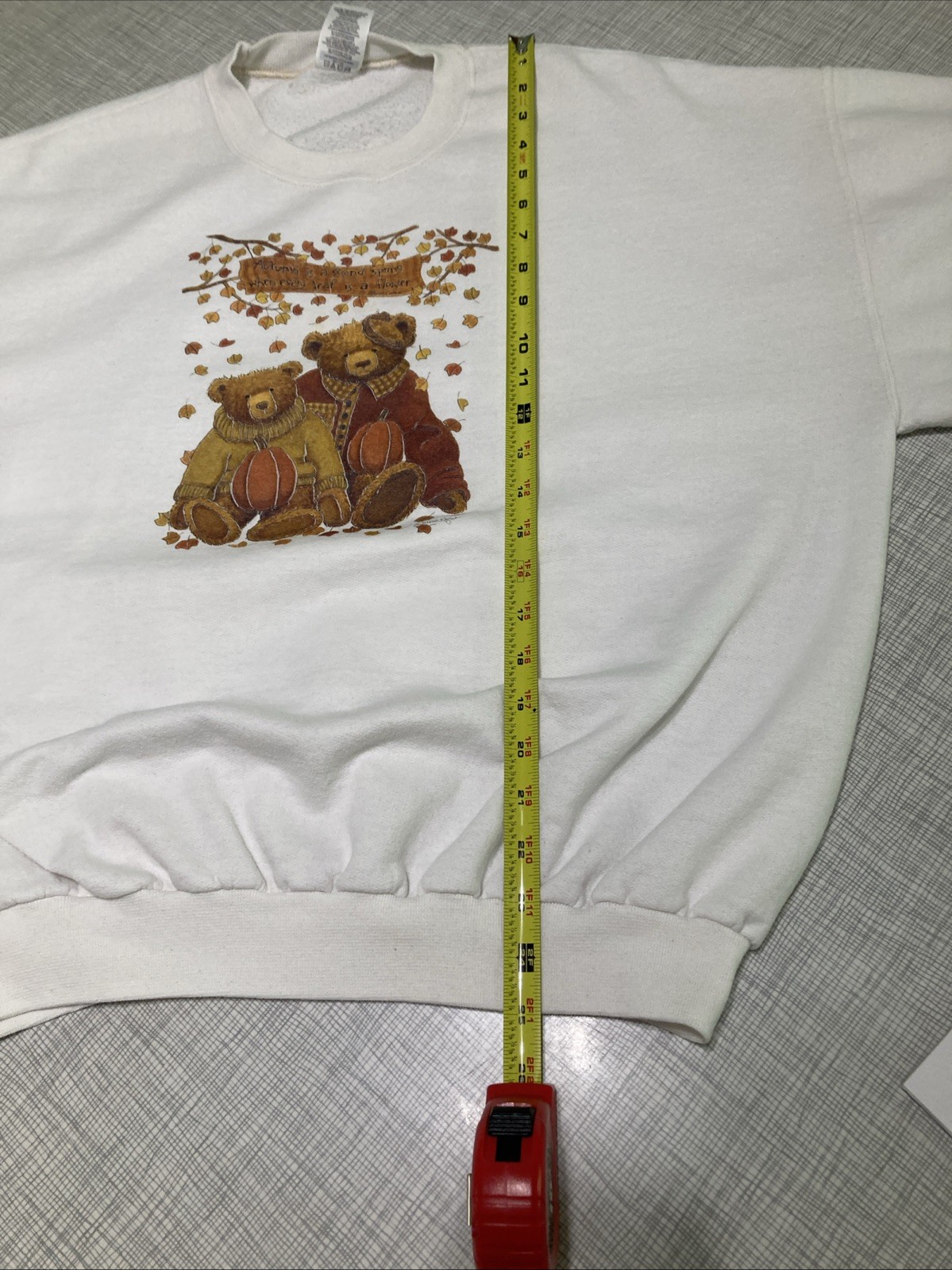 VTG 90s Jerzees NuBlend Grandmacore Autumn Sweatshirt XL White Teddy Bears Fall