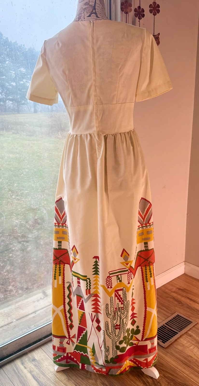 Vtg 1960s 70s Maxi DRESS Kachina Doll CACTUS Print Native FOLK ART Skirt XS/S
