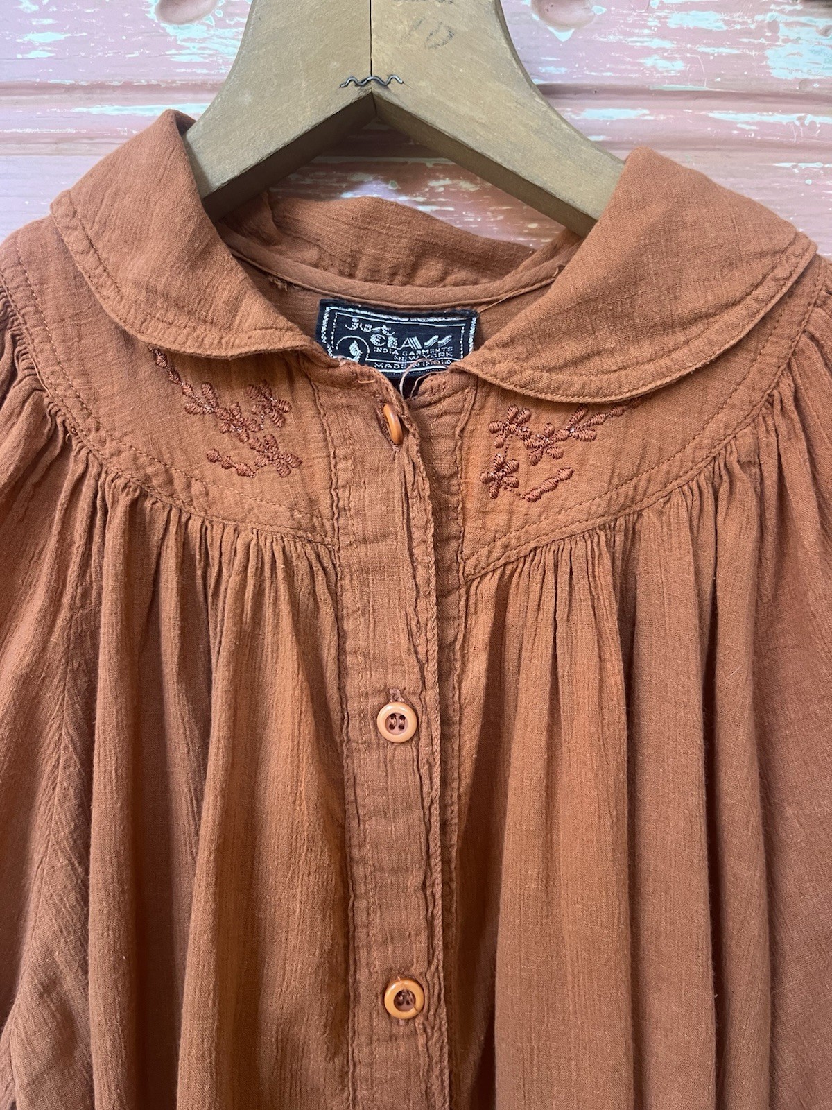 Vintage 70s India Cotton Gauze Embroidered Puff Sleeve Orange Rust Tunic Blouse