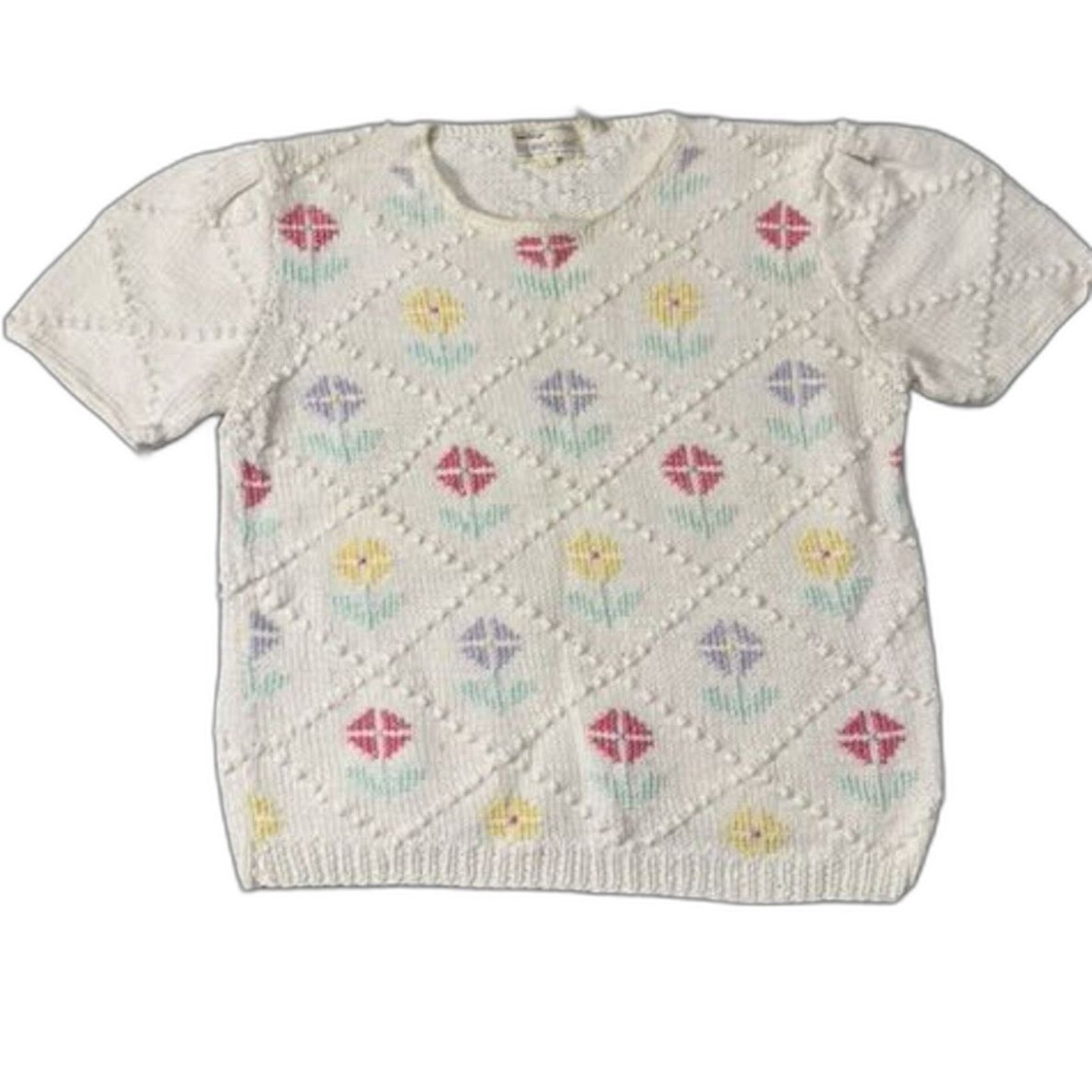 Vintage The Eagle’s Eye Hand Knit Floral Sweater Tee Women’s L Cottagecore