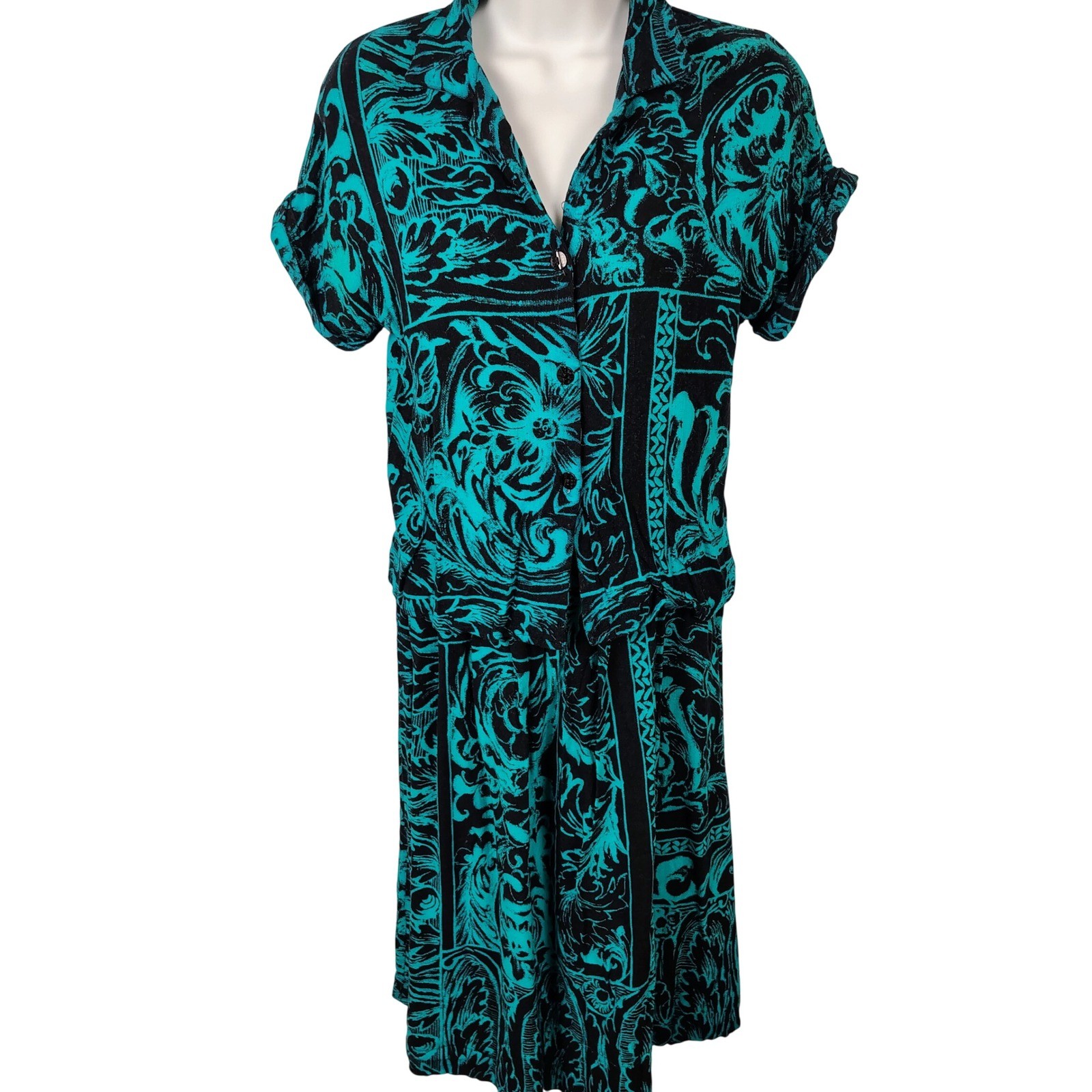 Melrose Womens SZ 7/8 9/10 Two Piece Set Teal Black Baroque Rayon Linen Vintage