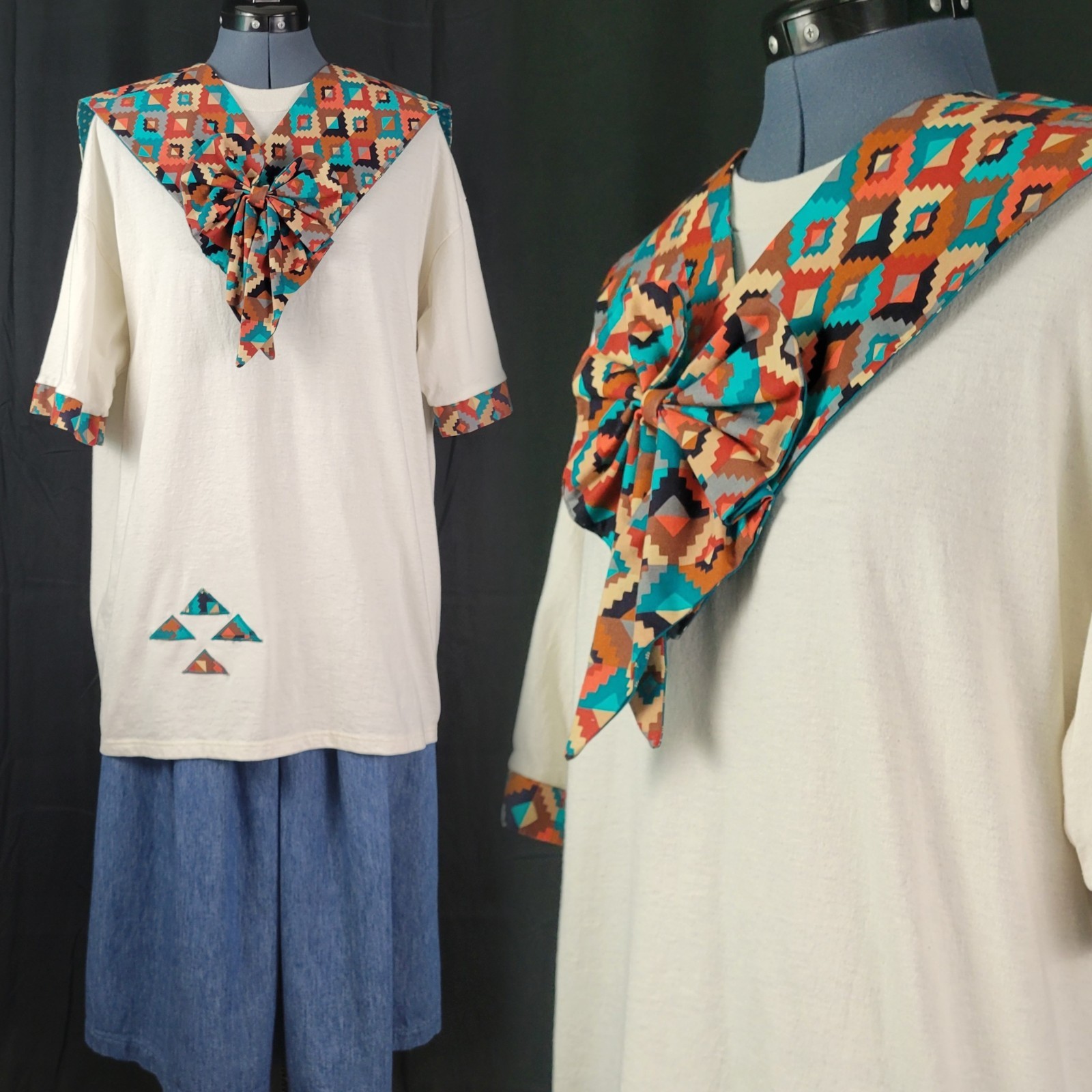 Vintage Embellished Jerzees Tee w Brown/Rust/Teal/Tan Southwest Accents Size XL