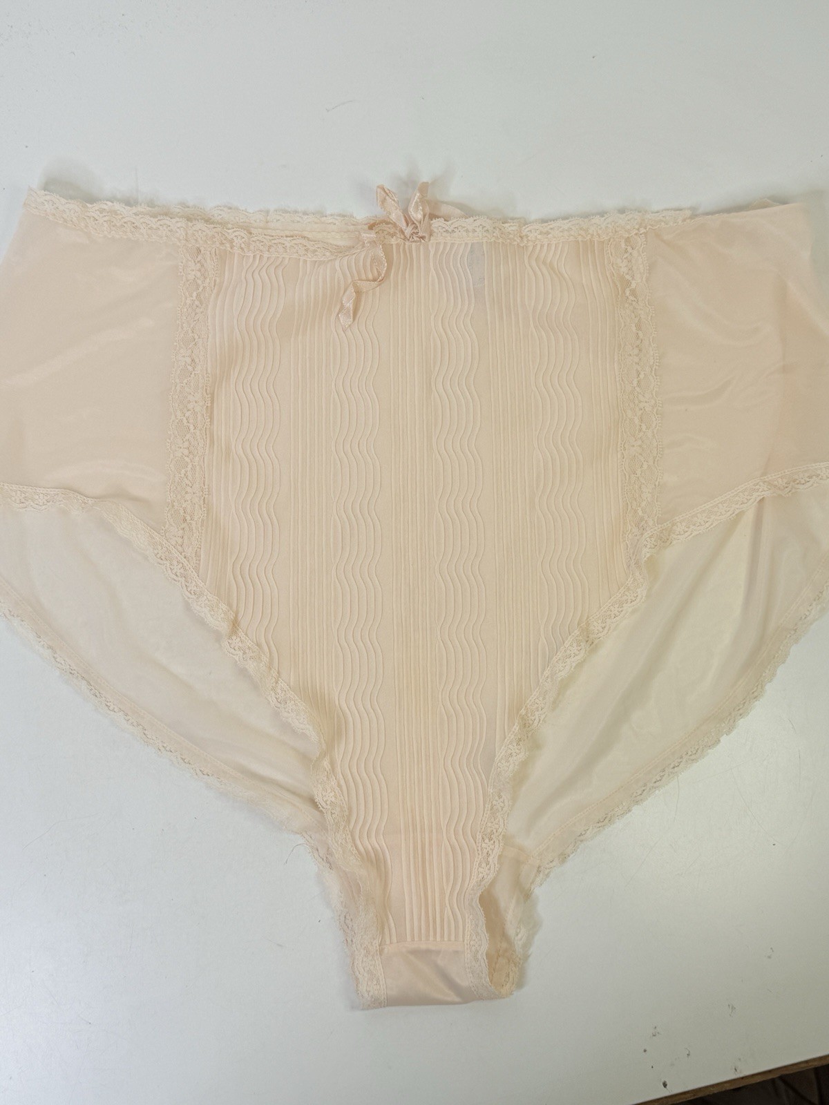 Vintage Silky Nylon Sheer Chiffon Lace Granny Gusset OLGA Panties NUDE M