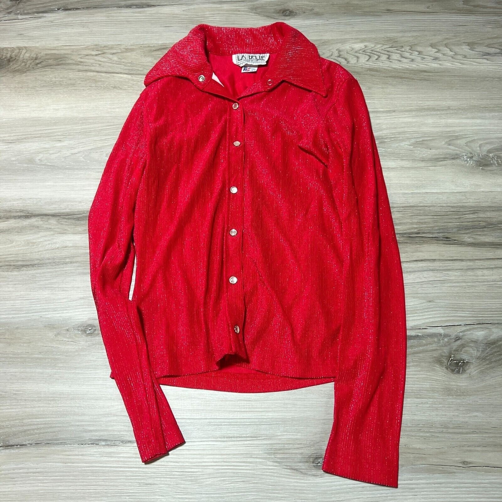 Vintage La Belle Fashions Long Sleeve Button Front Shirt Collared Shiny 90s