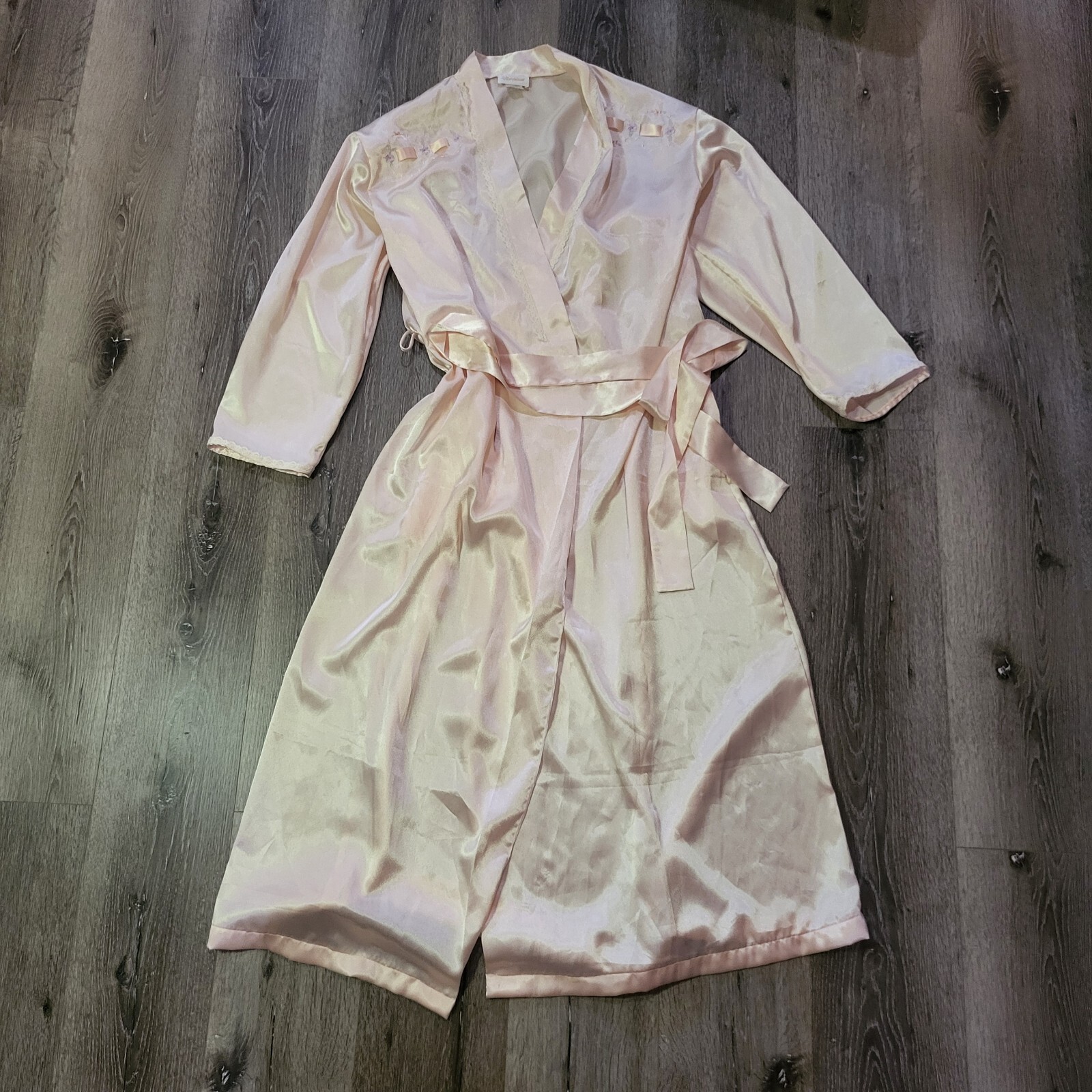 Vintage Barbizon Satin Robe Pink Nude Ribbon Embroidered Tie Sleep Tie Lace