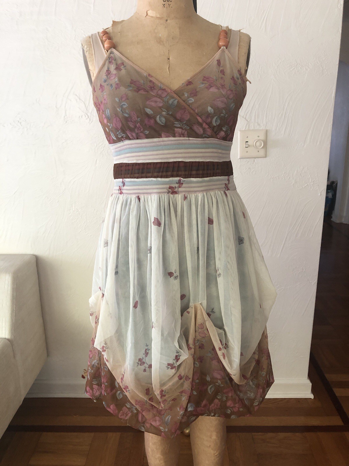 Vintage ANAC Woodland Fairy Mesh Fit Flare Ruched Skirt Sundress M