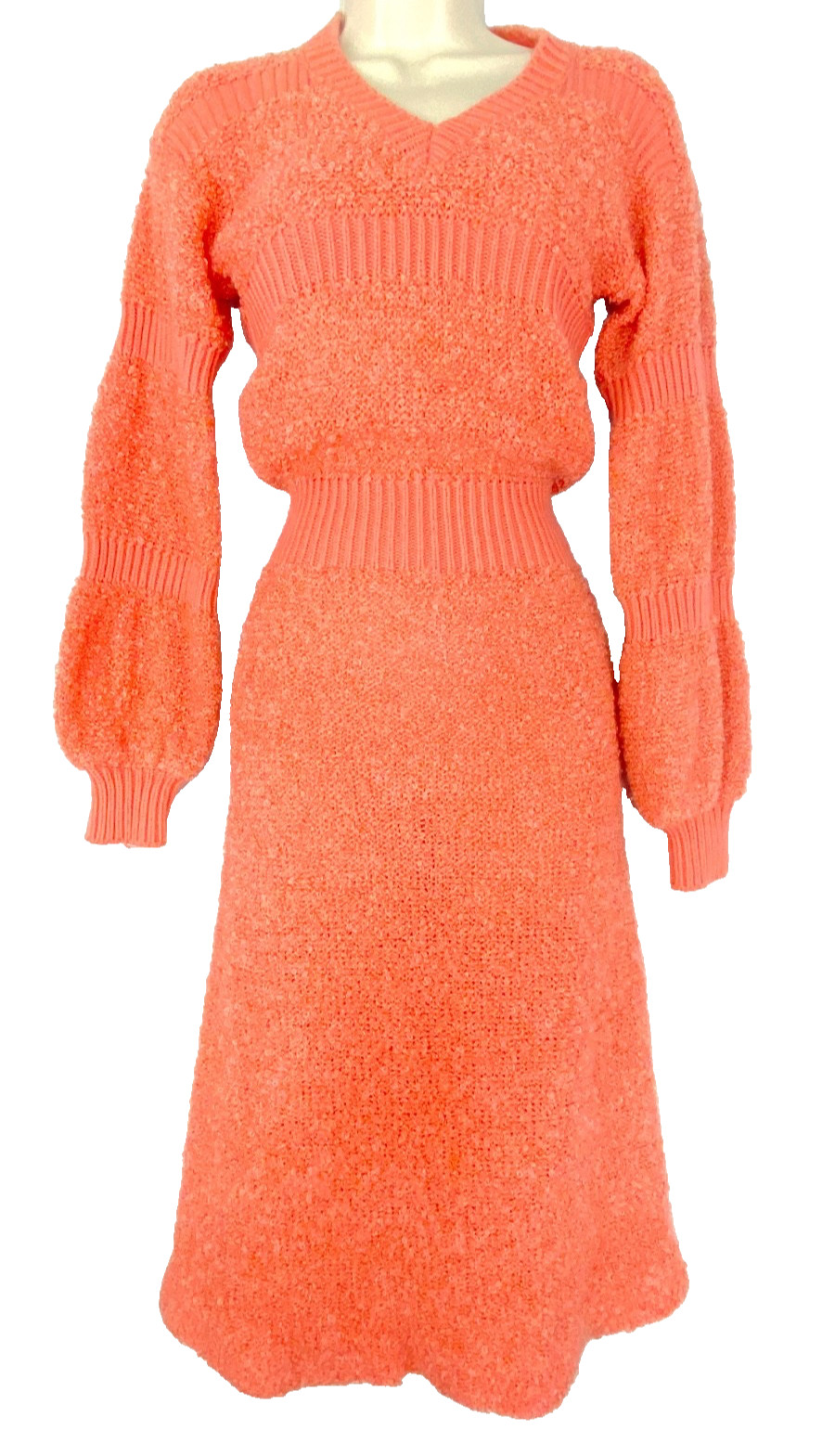 Vintage 1970s coral sweater dress knit long sleeve midi balloon sleeve orange S