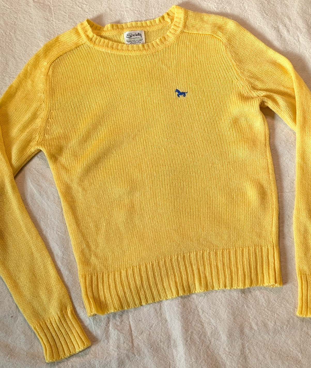 Vintage 70s Women’s Classic Yellow Knit Sweater Cropped Society Medium Embroider
