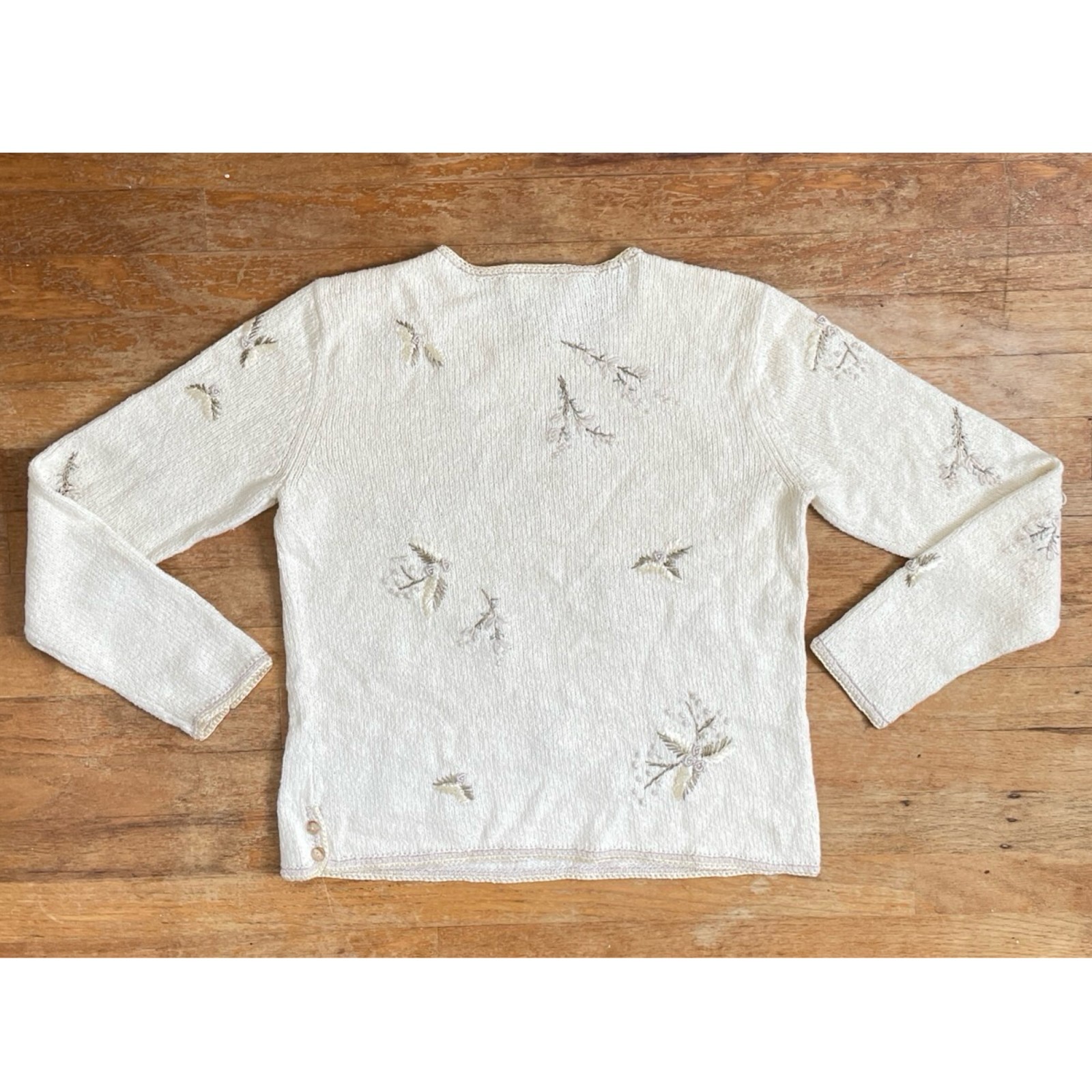 Vintage Floral Embroidered Sweater Size Medium 90s Cream Beaded Cotton/Ramie