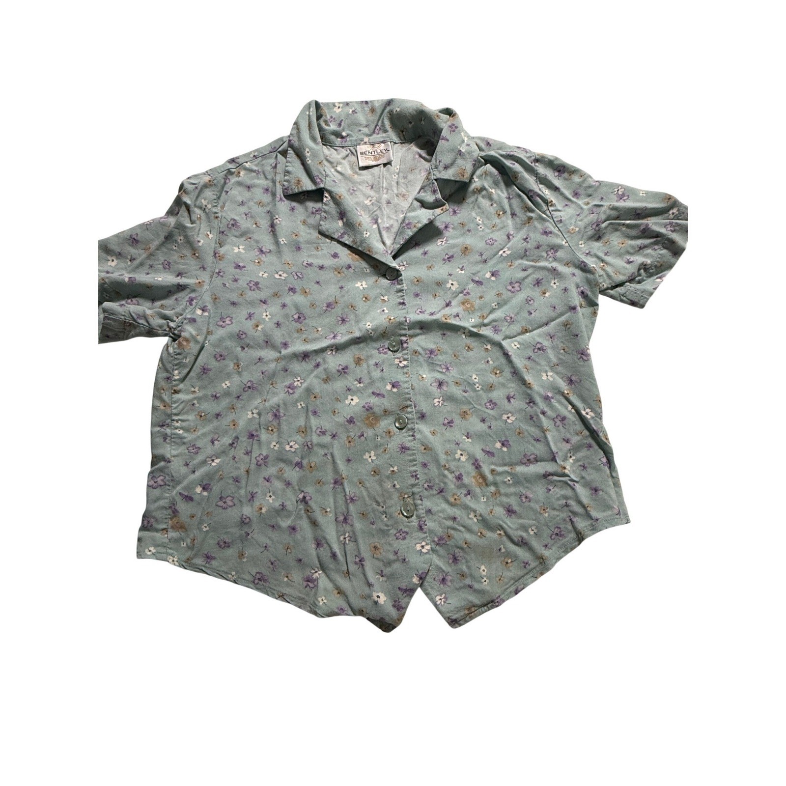 T R Bentley Floral Button Down Blouse Wms Medium Blue Vintage Short Sleeve Top