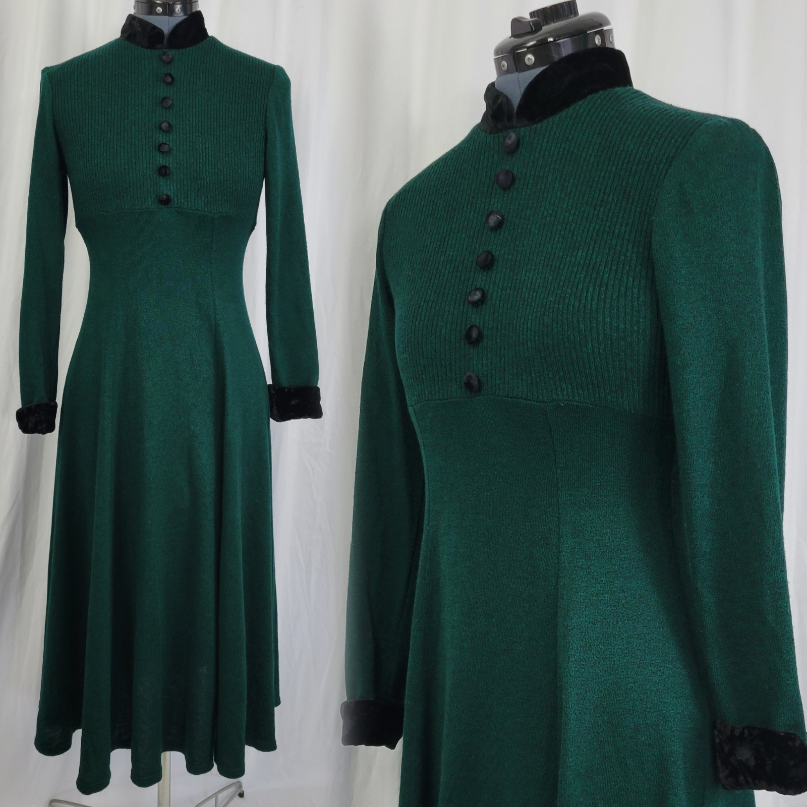 Vintage JSJ Petites Green & Black Empire Dress w Black Velvet Accents Size 8