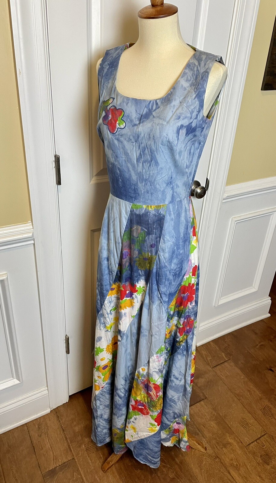 Vtg 60s Eve Le Coq Tie Dye Floral Maxi Dress Avril Cotton Sleeveless Sz S/XS