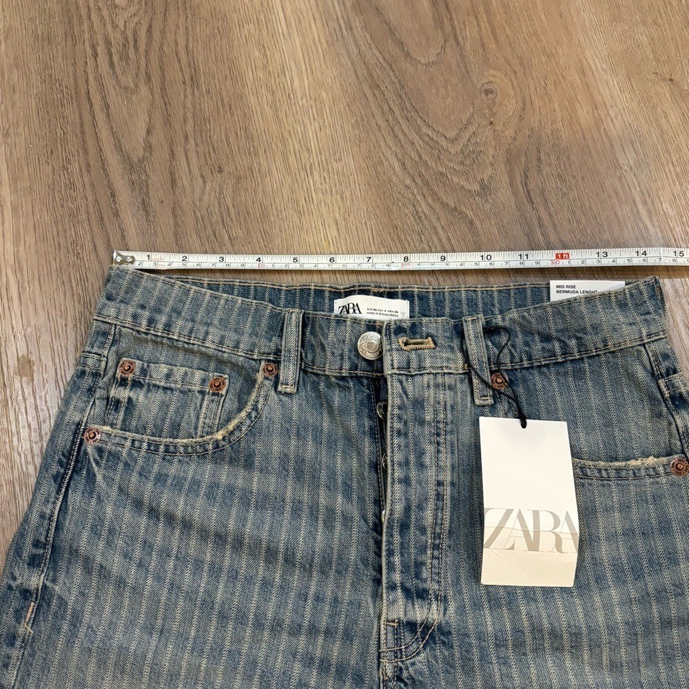 Zara Women’s Mid Rise Bermuda Length Retro Cycling Blue Denim Shorts