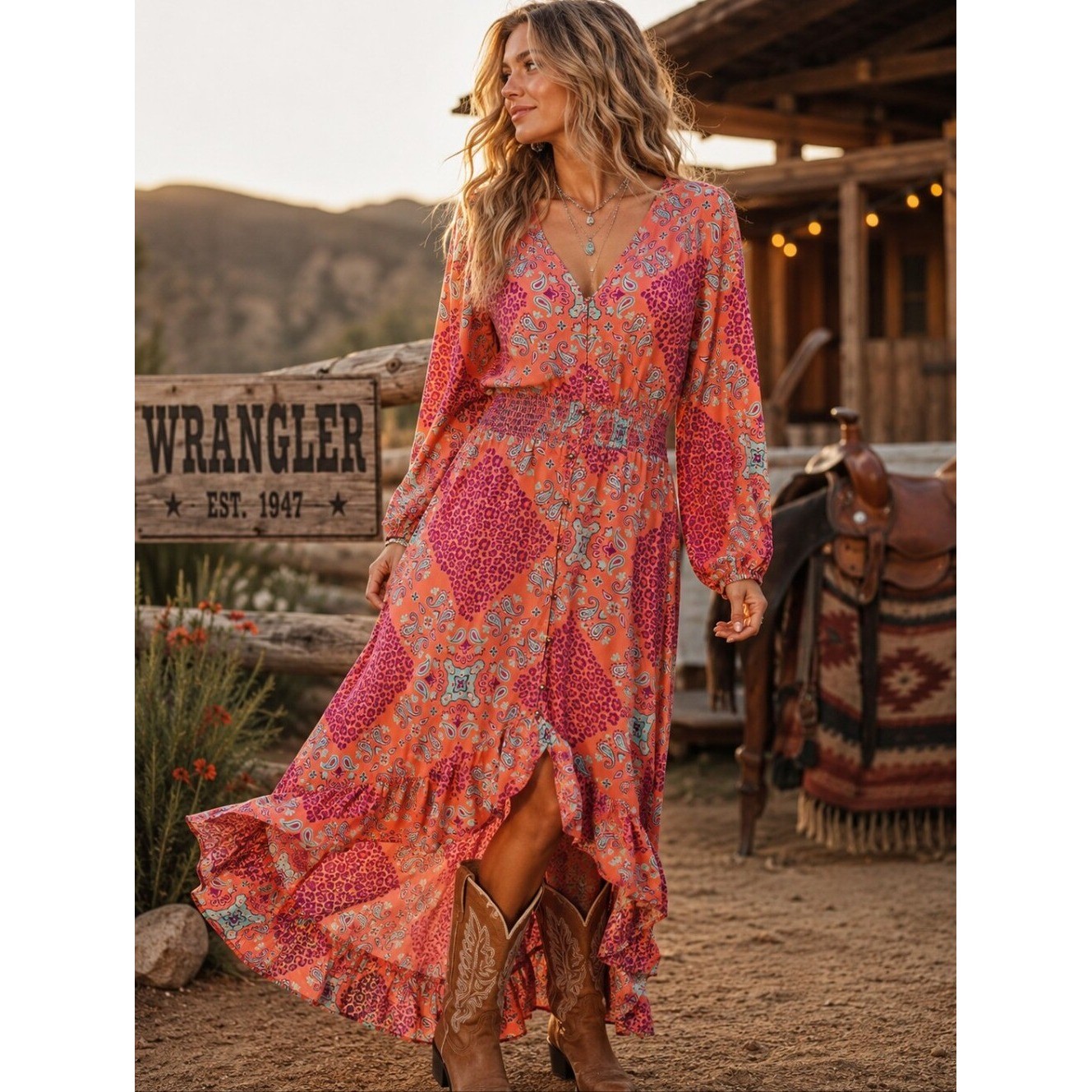 Wrangler Retro Boho Maxi Dress LG High Low Hem Western Country Prairie Cowgirl