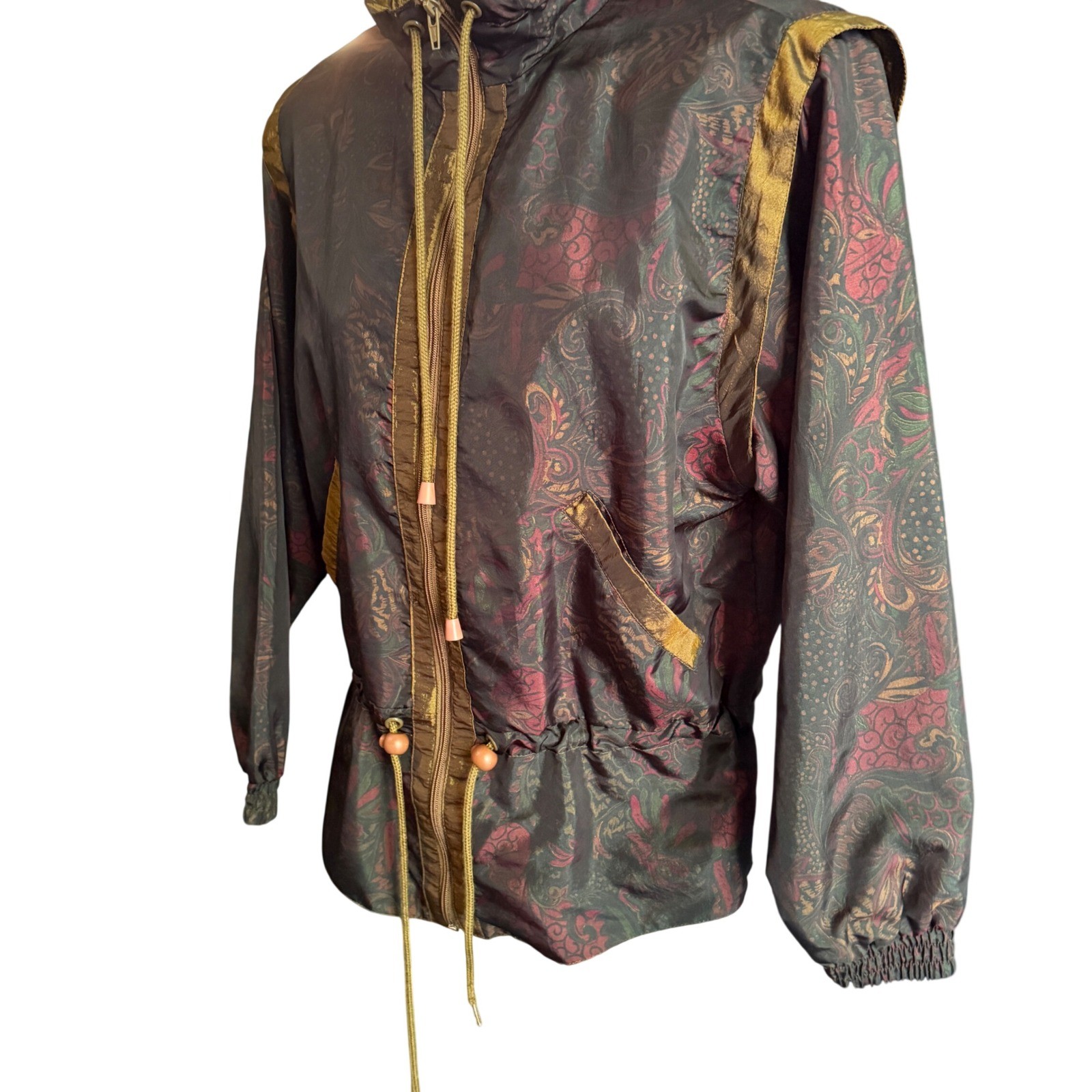 Sunterra Petite Vintage 80s Paisley Windbreaker Jacket Zip Up Cinched Waist PM