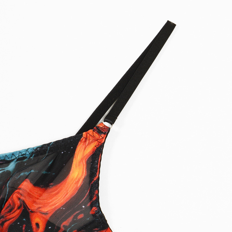 Arrival Colorful Ink Splatter Mesh Sexy Lingerie Set with Gloves and Garter Belt