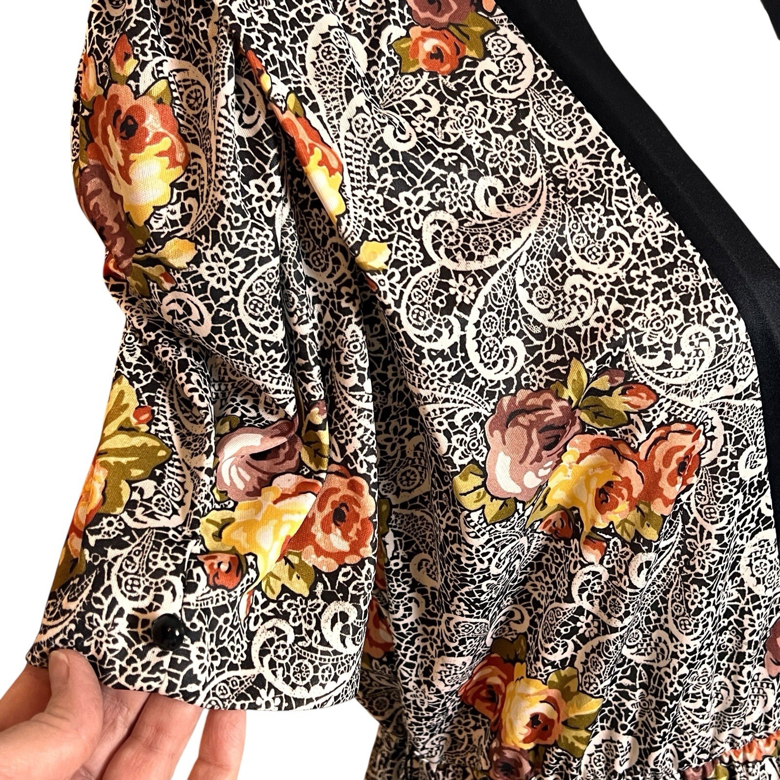Vintage Jenny Floral Paisley Print Peplum Midi Dress Black Medium Made USA 90s