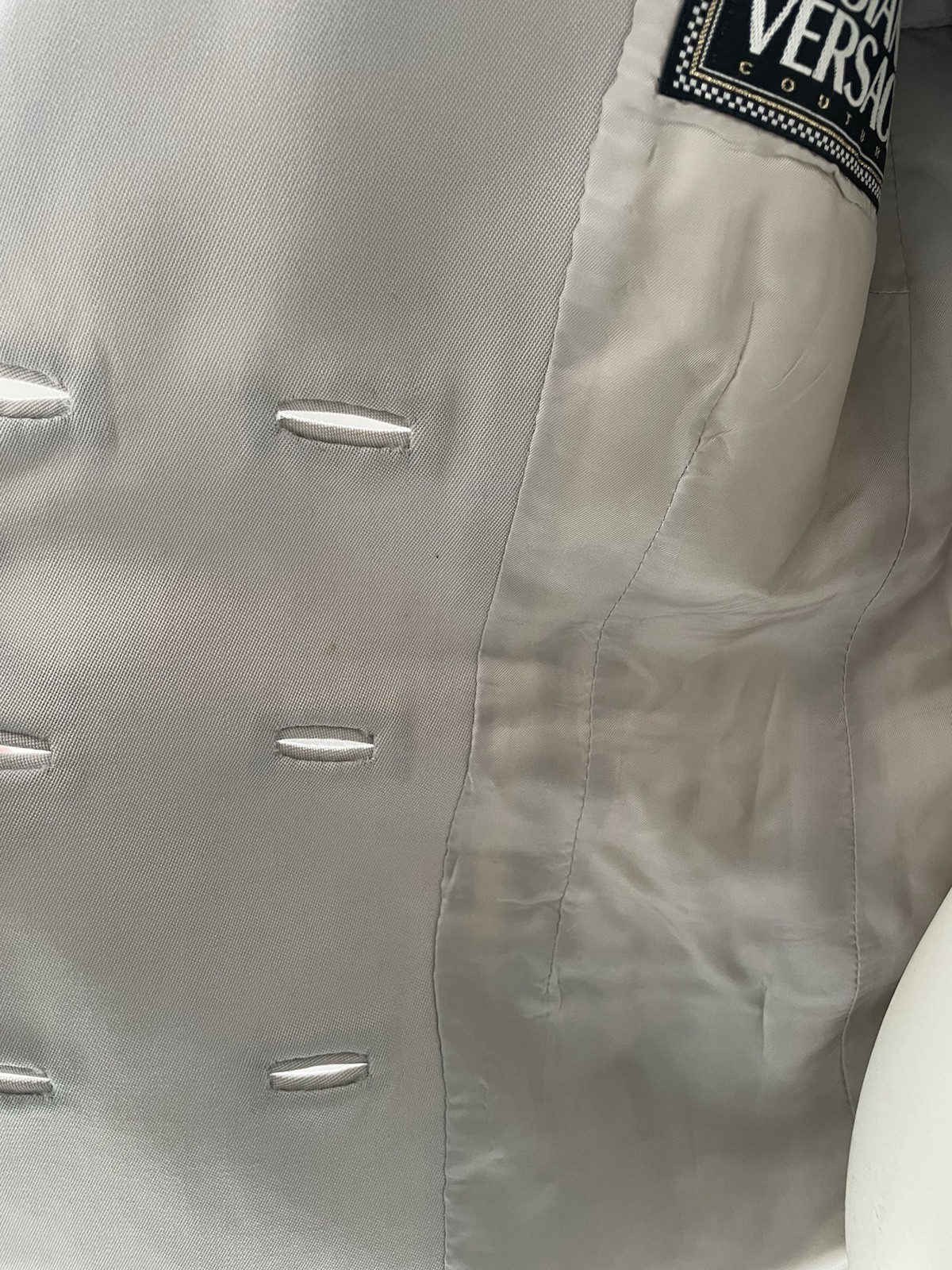 Vintage 1990s Gianni Versace Light Gray Wool Double Breasted Blazer Jacket 40