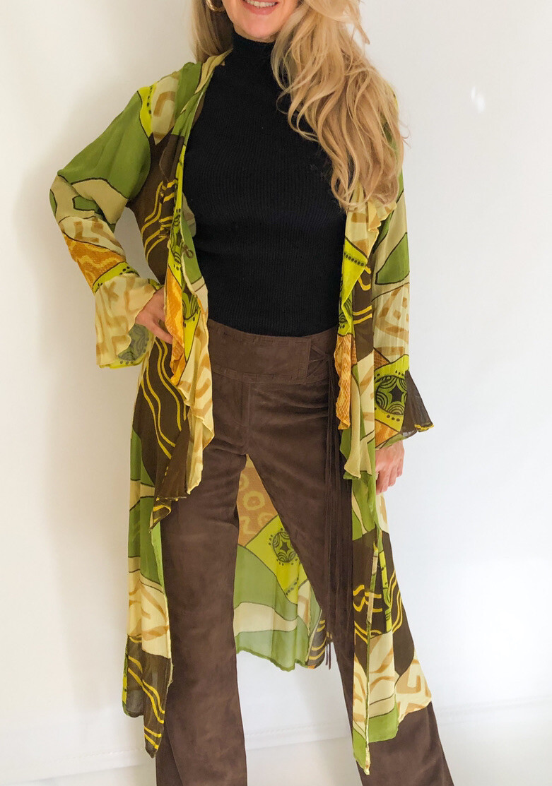 Kimono Duster chiffon maxi cardigan long cover up dress Vintage Sheer Robe SZ L