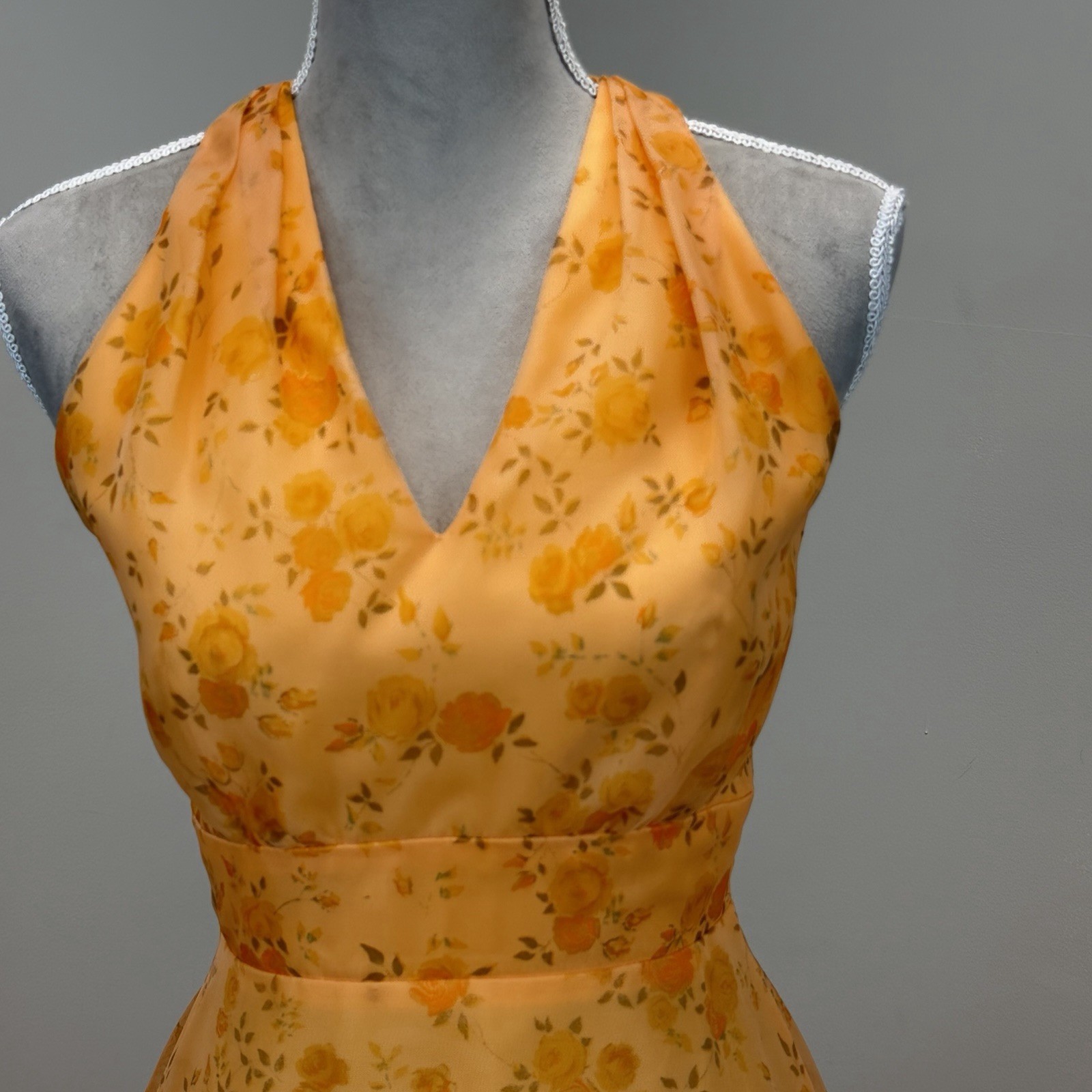 VTG 70s Maxi Dress S Floral Convertible Ruffle Cascade Bustle Train ILGWU USA