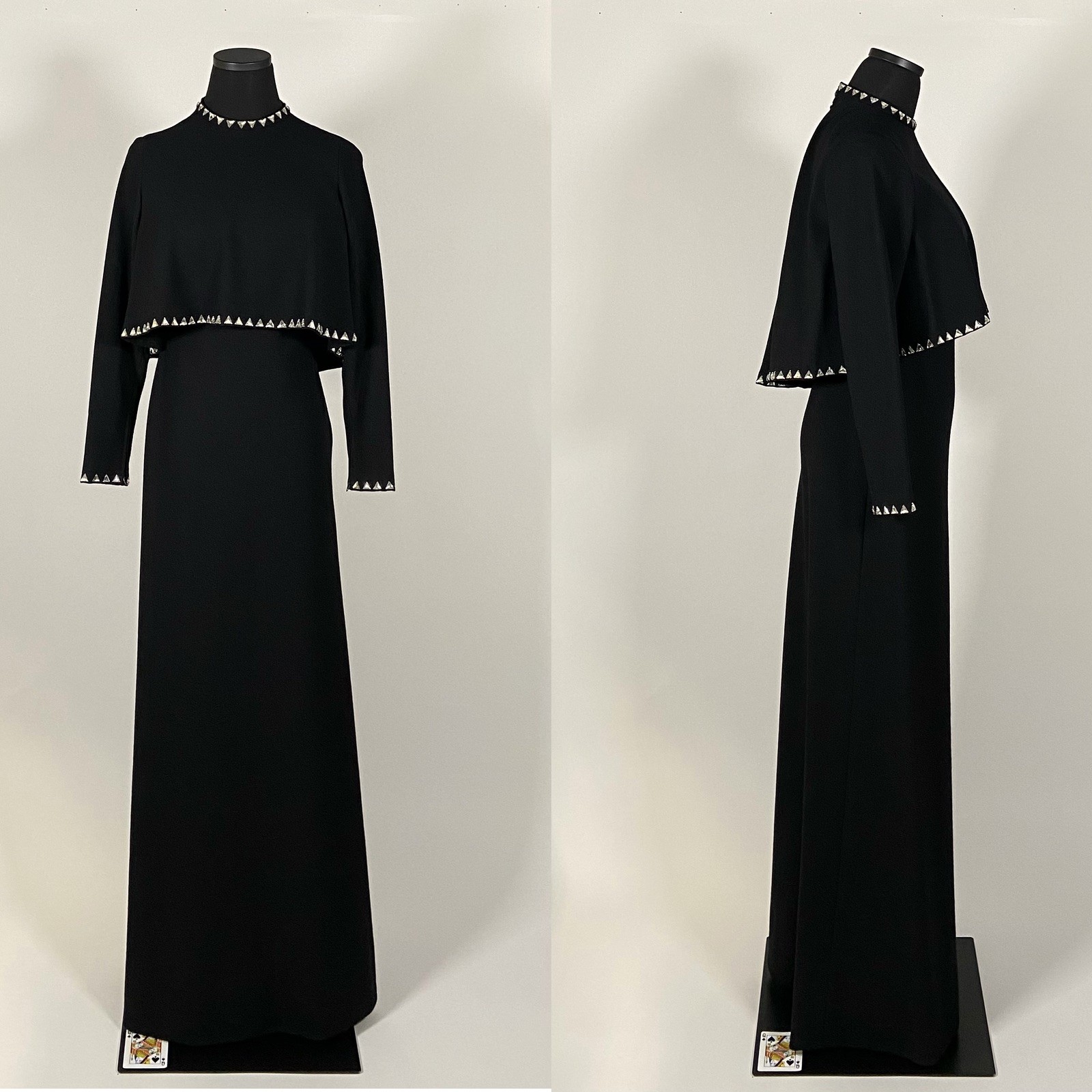 1970s Pauline Trigere sleek gown, cape, triangle rhinestones size XS Must see!