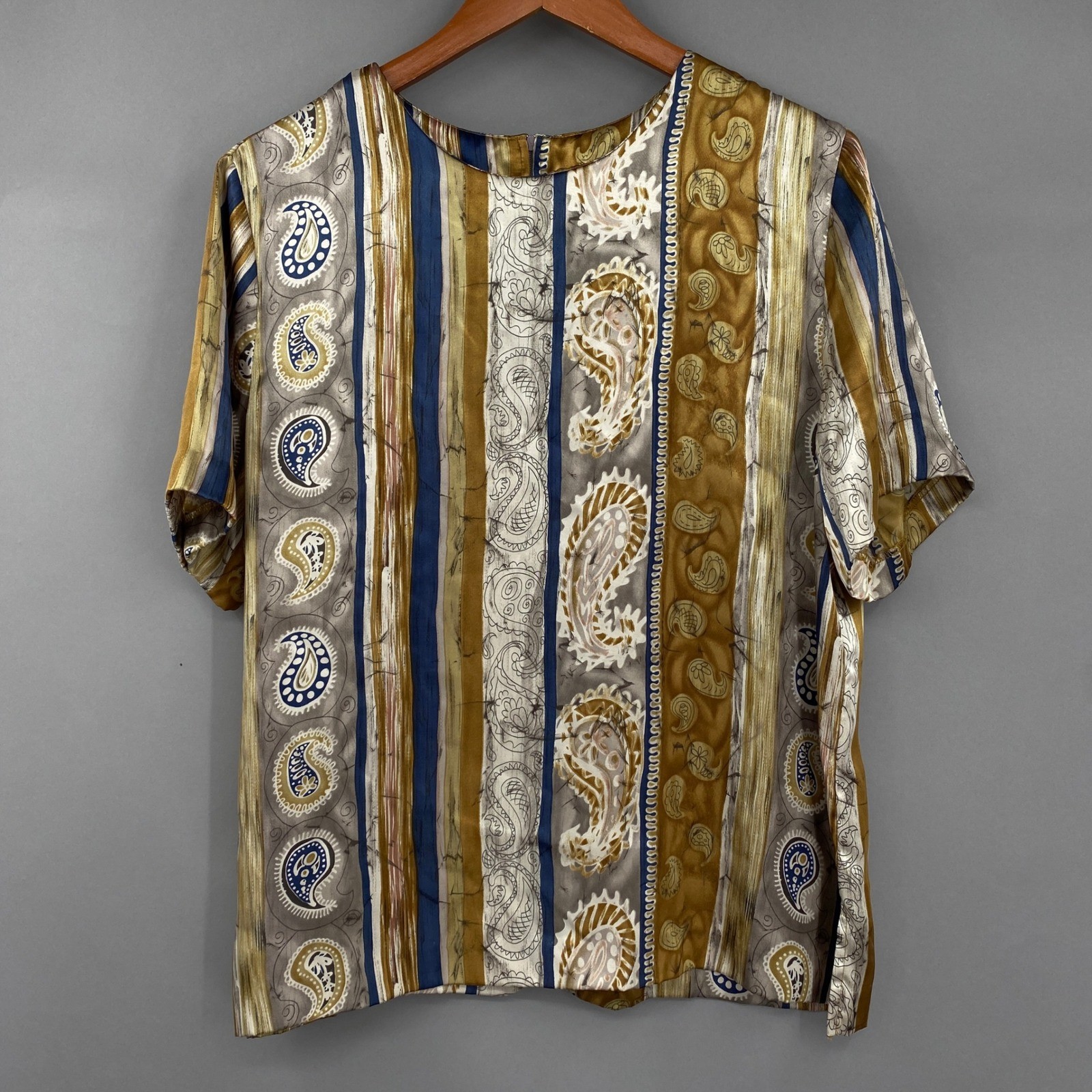Vtg 80s Graff Paisley Stripe Blouse Womens Sz 16 Gold Maximalist Silky