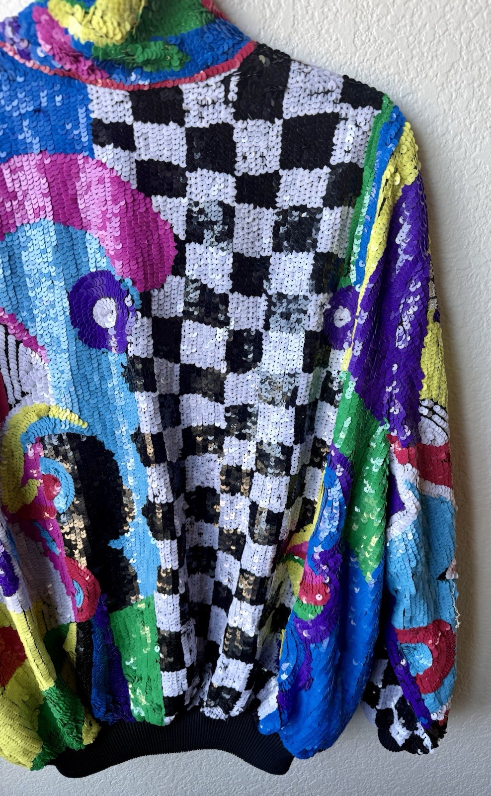Vintage 80s Sequin Beaded Colorblock Art Deco Zip Jacket Statement Coat Glam XL
