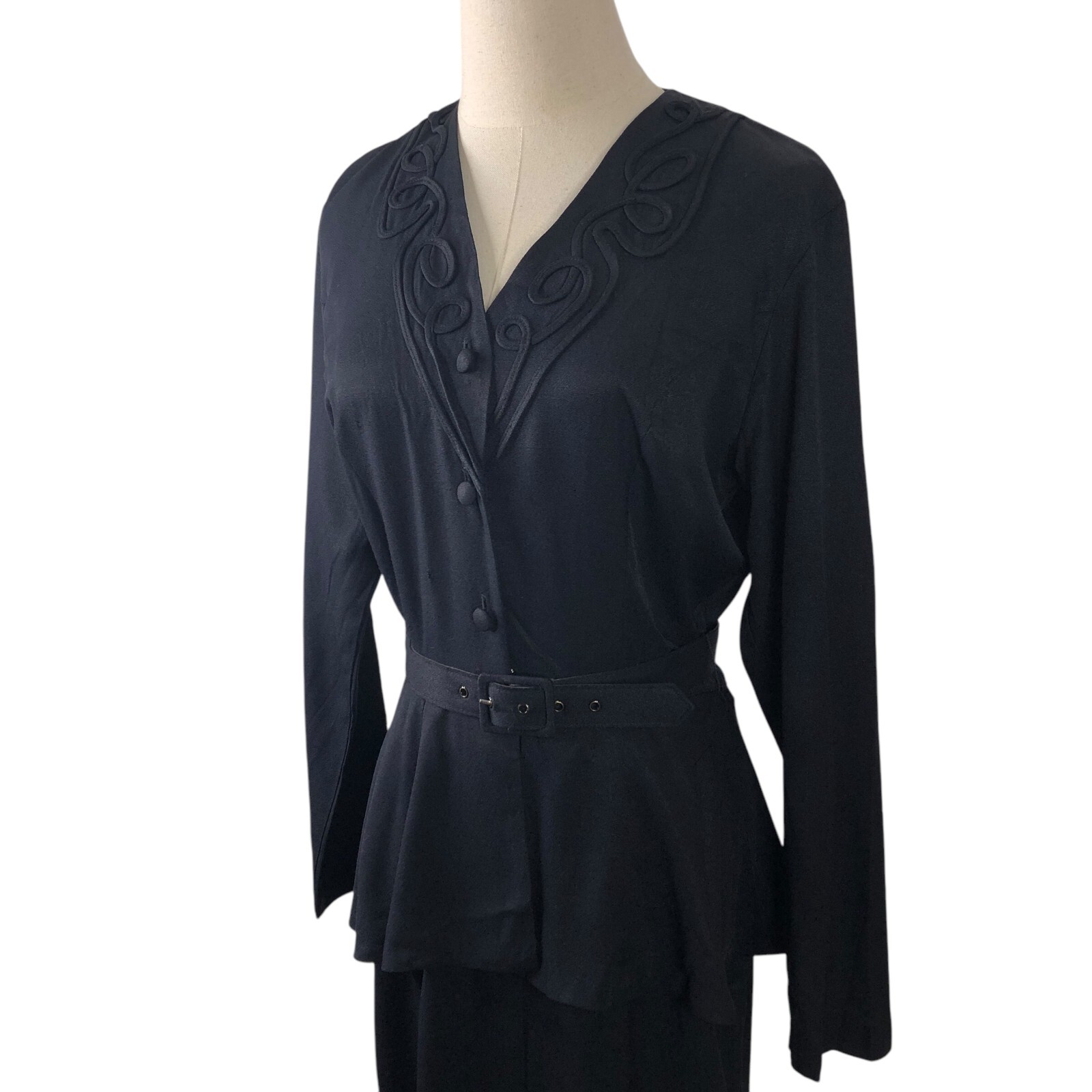 Carol Anderson Vintage Dress Size 6 Navy Blue Soutache Belted Peplum Mourning