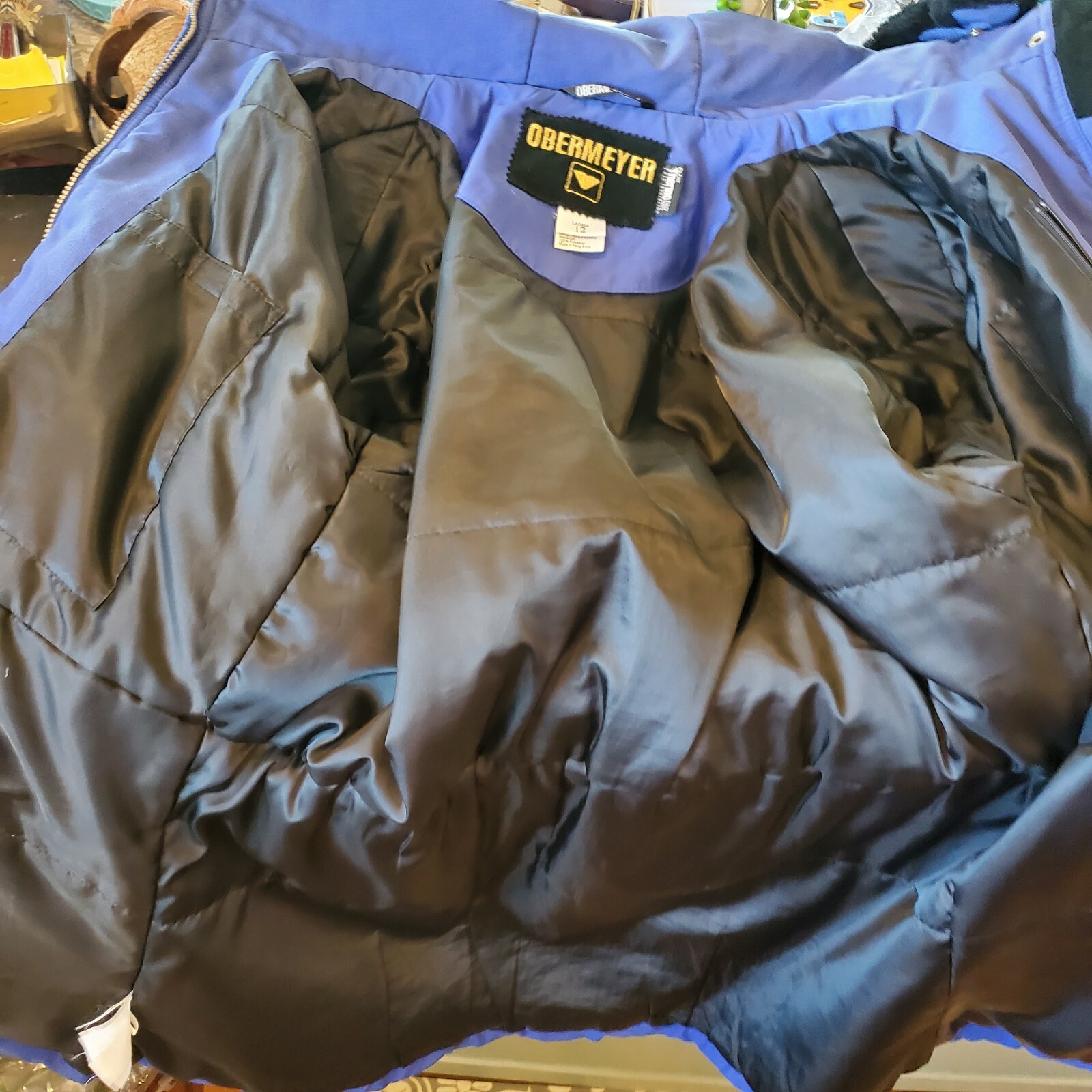 VTG Obermeyer Ski Coat Hooded Blue Puffer Sz M/L Cinched