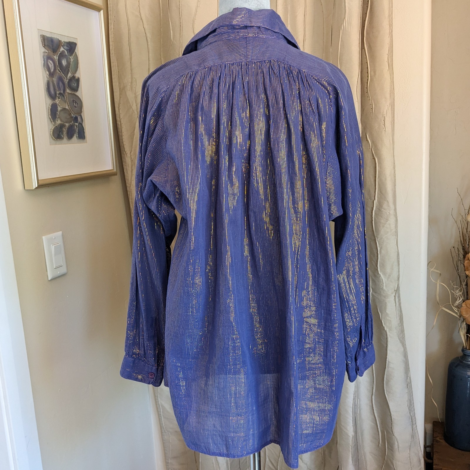 VTG 80s Metallic Gold Stripe Cotton Voile Blouse 14/L Purple Button Up Top India