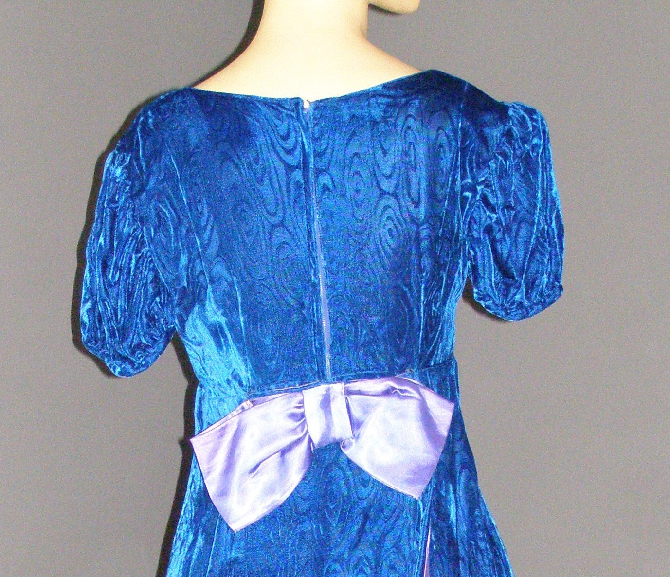 Vintage 60’s royal blue swirl VELVET maxi dress S M BOW back & hair comb regal