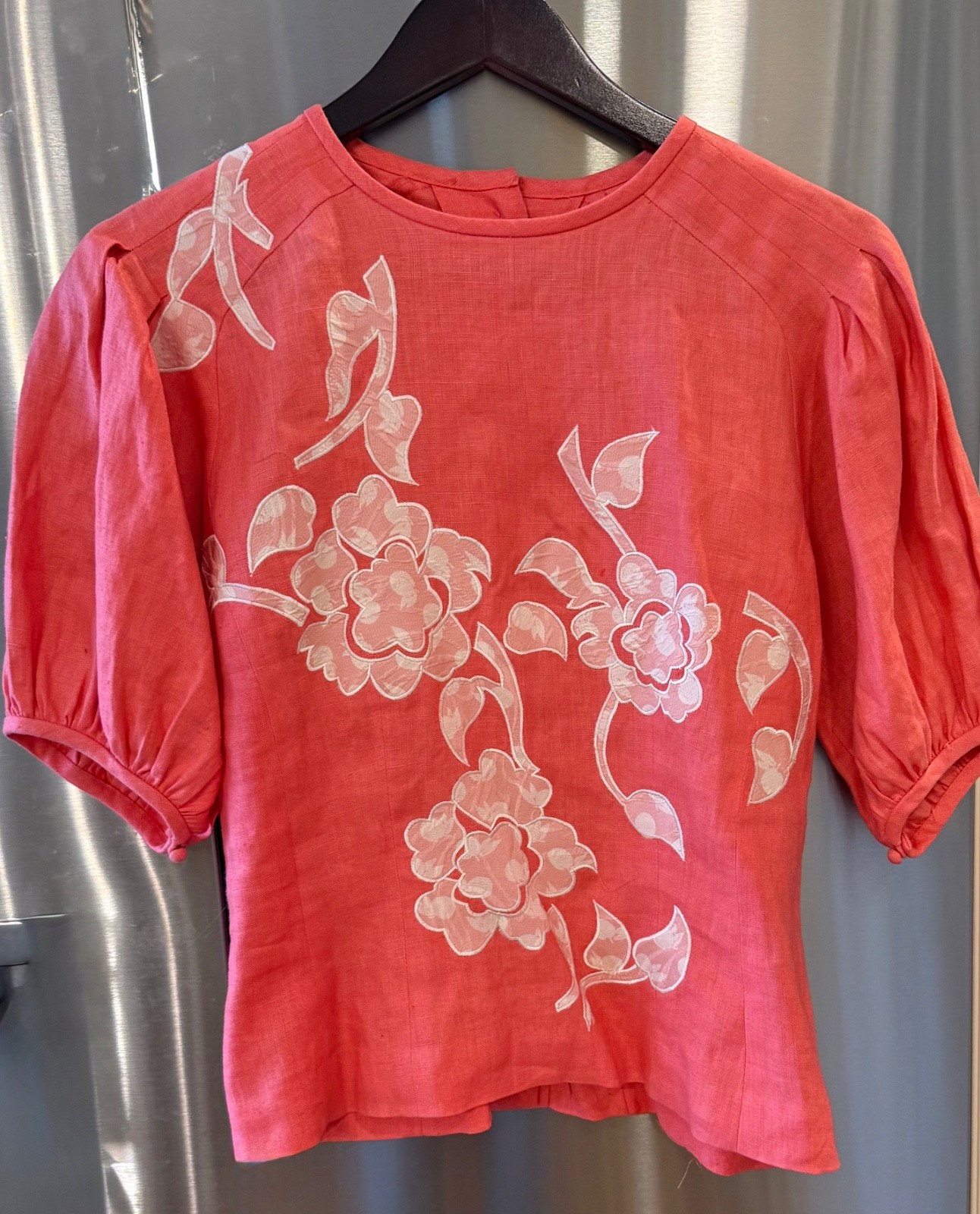 Vtg ANNE CRIMMINS UMI Collections Coral Linen Applique Puff Sleeve Top Sz 4