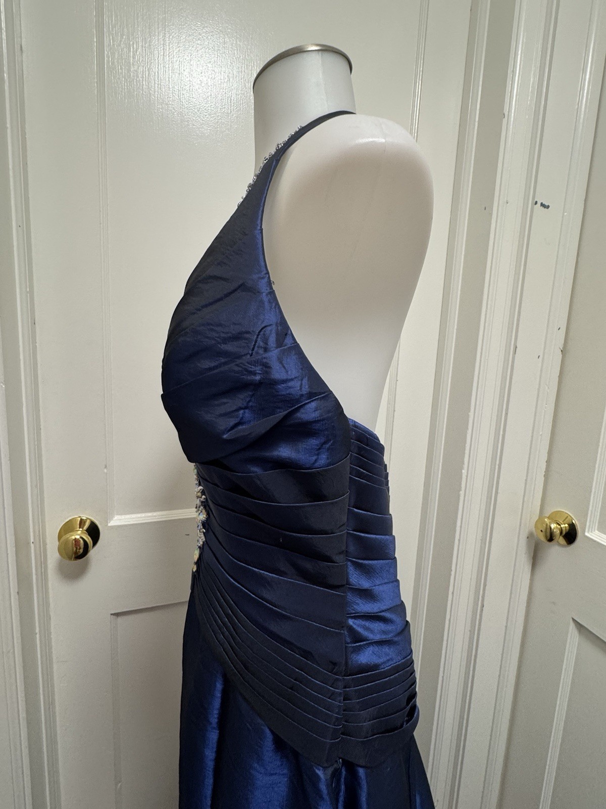 VTG B’Dazzle Alyce Designs Cobalt Blue Beaded Halter Mermaid Gown Dress Sz 8