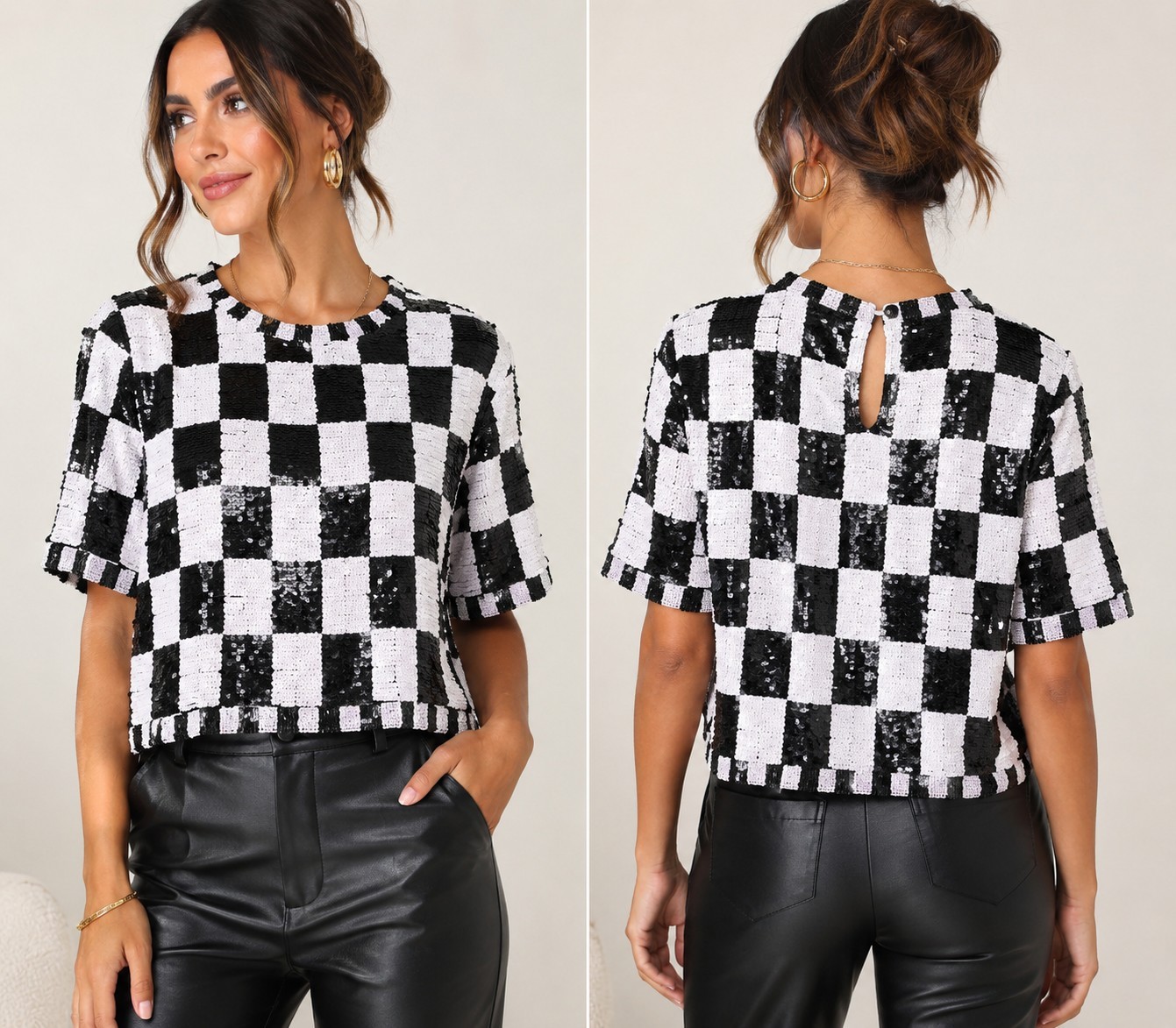 Vintage Carolyne Barton Night Silk Sequin Checkered Top Black White Beaded M