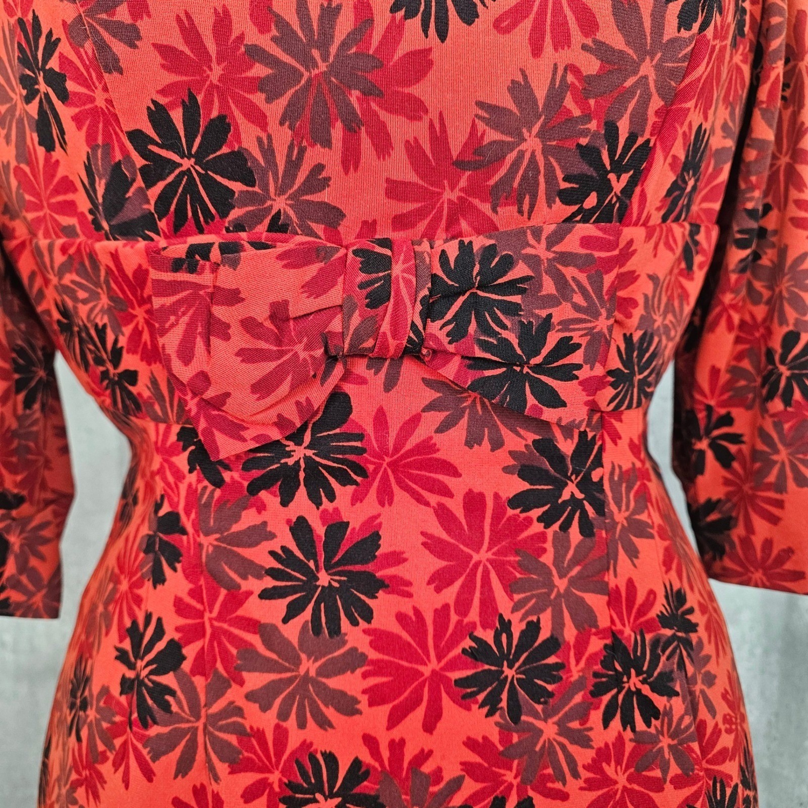 Vintage 60s Red Black Floral Wiggle Draped Back Dress Bow Waist Cocktail Party