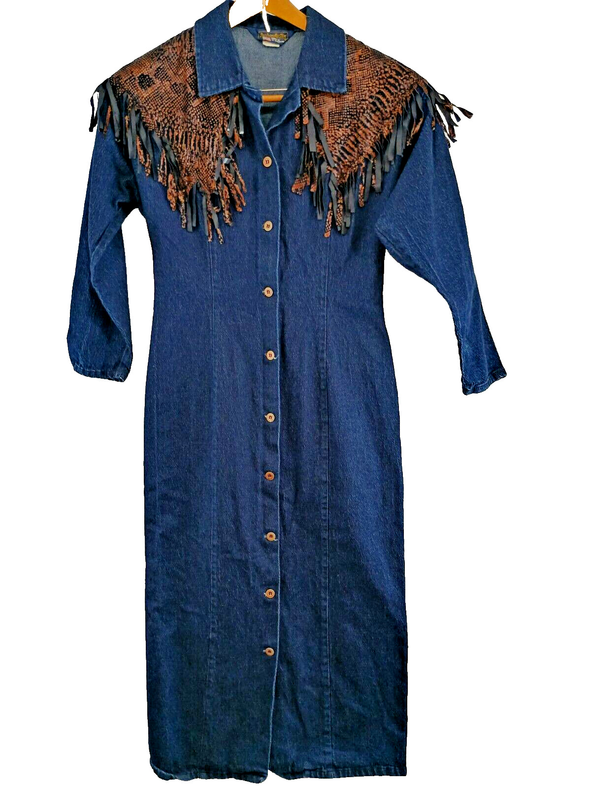 Panhandle Slim Long Blue Denim Dress With Fringe Western Size 10 Made In USA