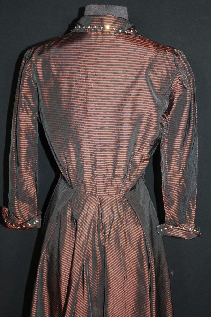 RARE VINTAGE 1950’S BRONZE SILK TAFFETA EVENING DRESS WITH RHINESTONES SIZE 4-6