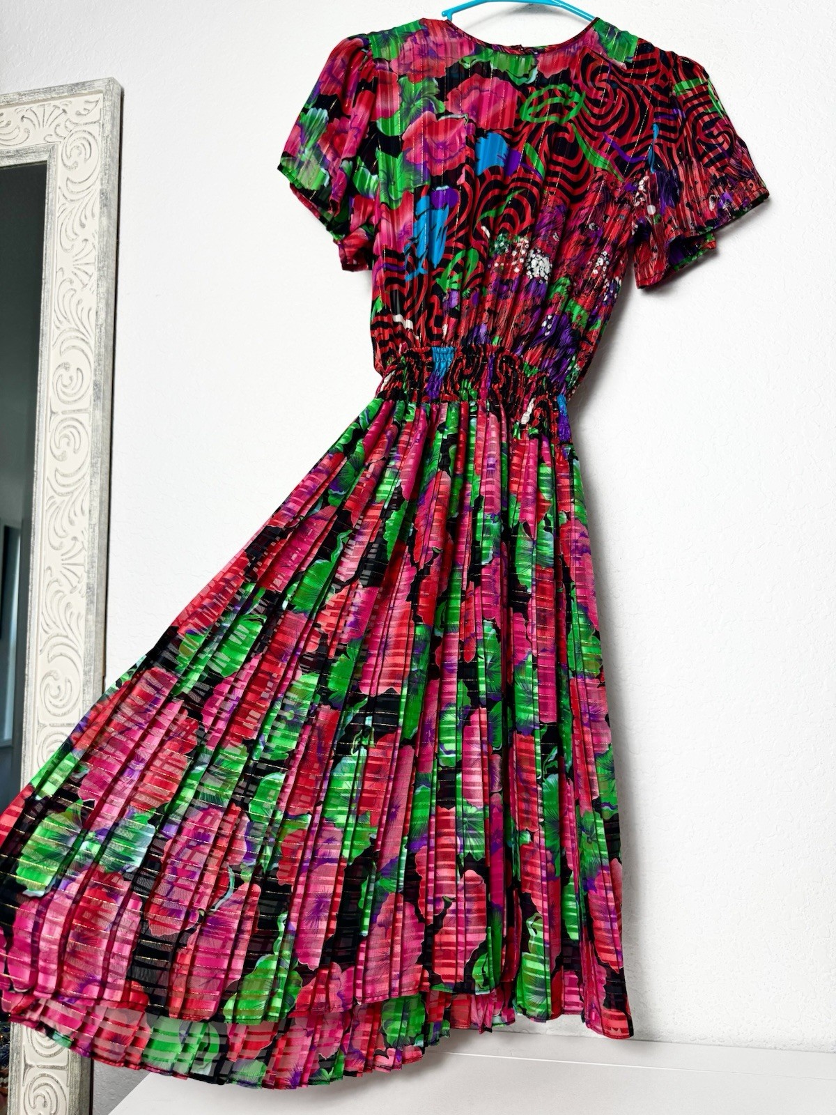 Vintage Diane Freis 1980’s Georgette Dress Bold Poppy Print smocked waist OSFM