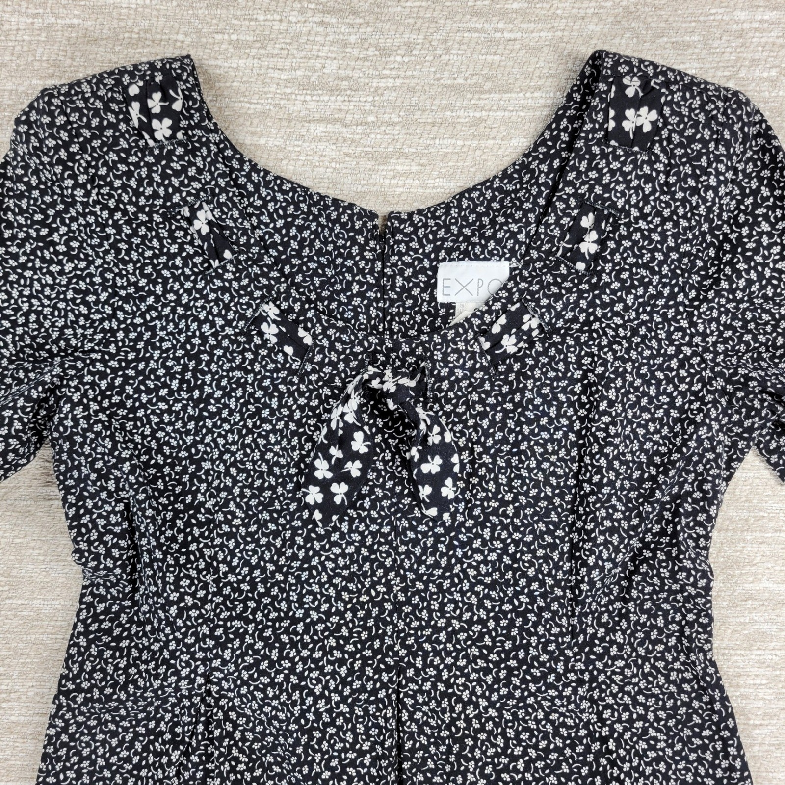 VTG EXPO Ditsy Floral Jumpsuit Size 8 Black Bow Wide Leg Zip Cottagecore Retro