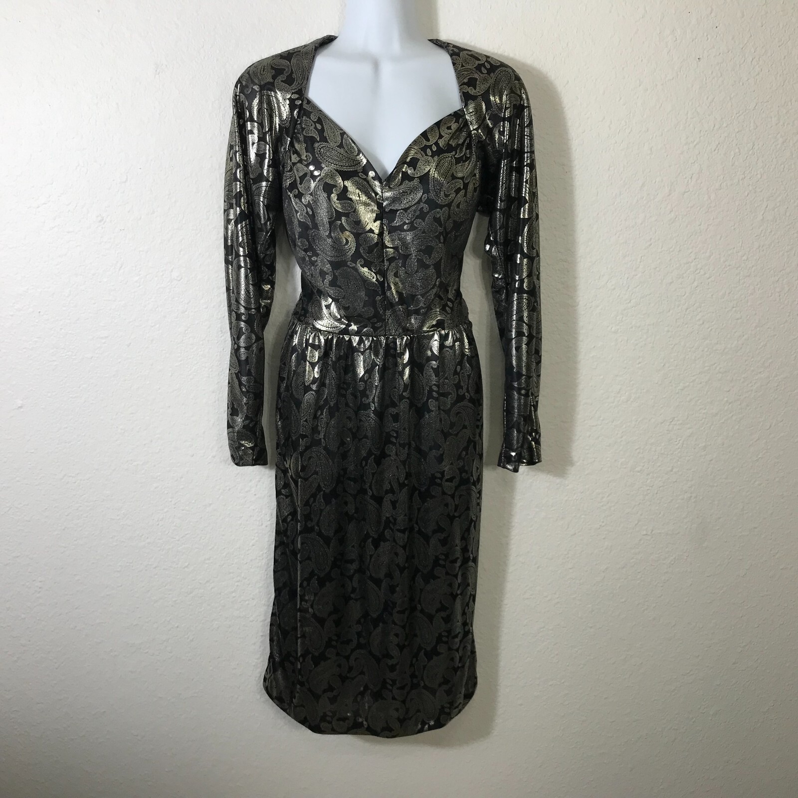 Vintage 80s Homemade Silver Lame Dress XS Paisley Lame Long Sleeve Semi Sheer