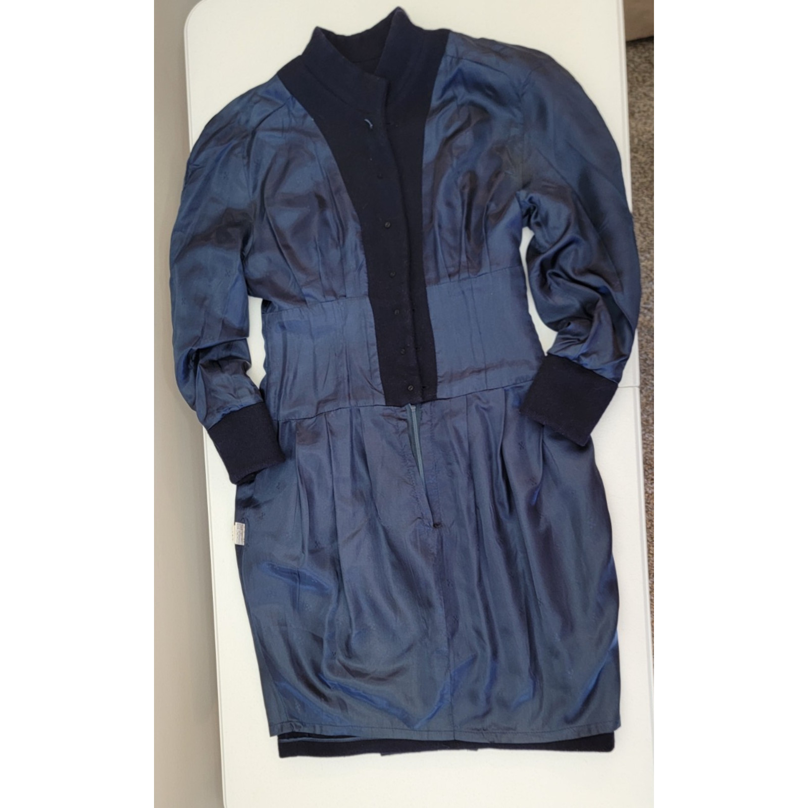 Savanna Vintage 80s Wool Dress S Navy Blue 1940s Style Pencil Wiggle Midi Korean