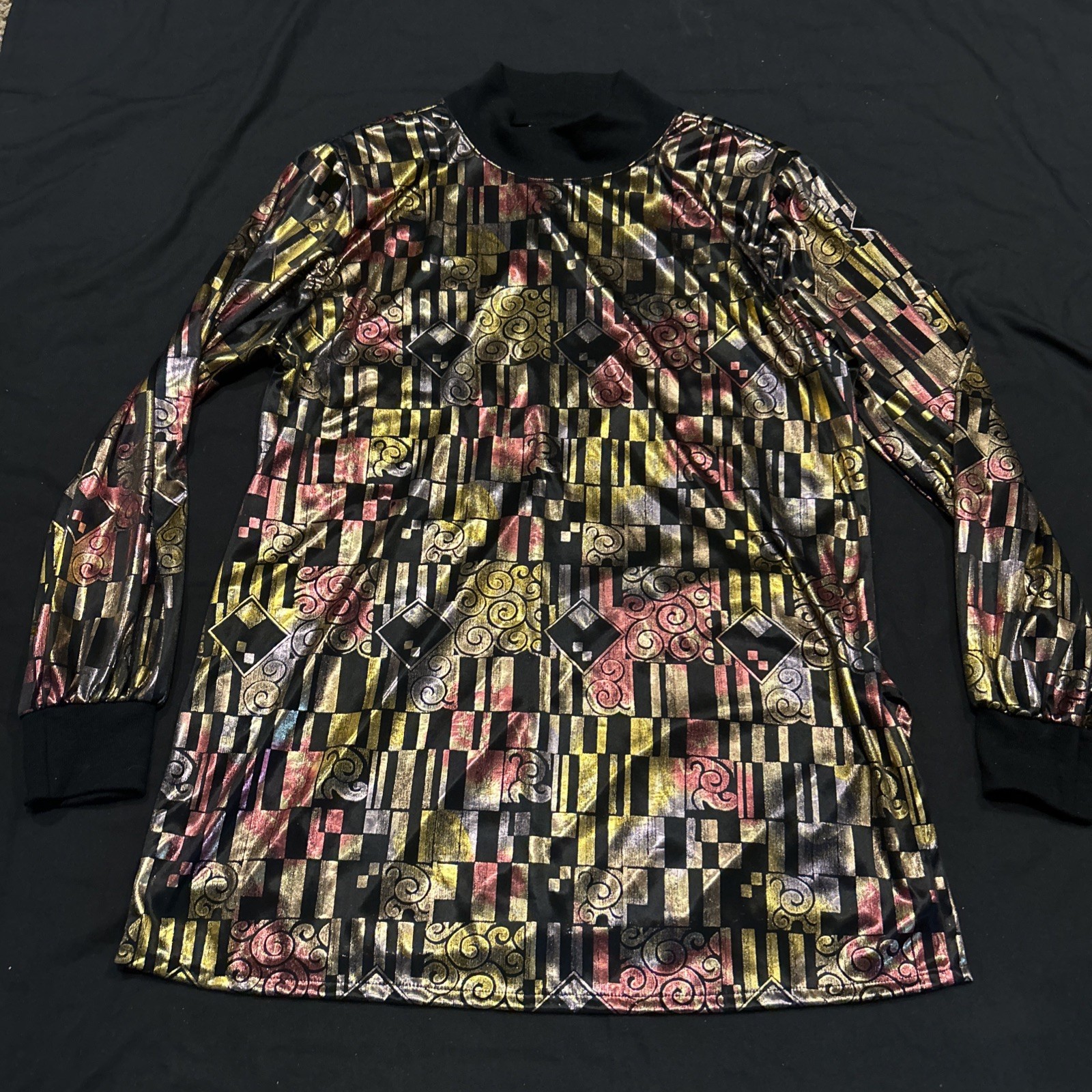 Vintage JUDY BOND SZ M Blouse Black Gold long sleeve Metallic A24