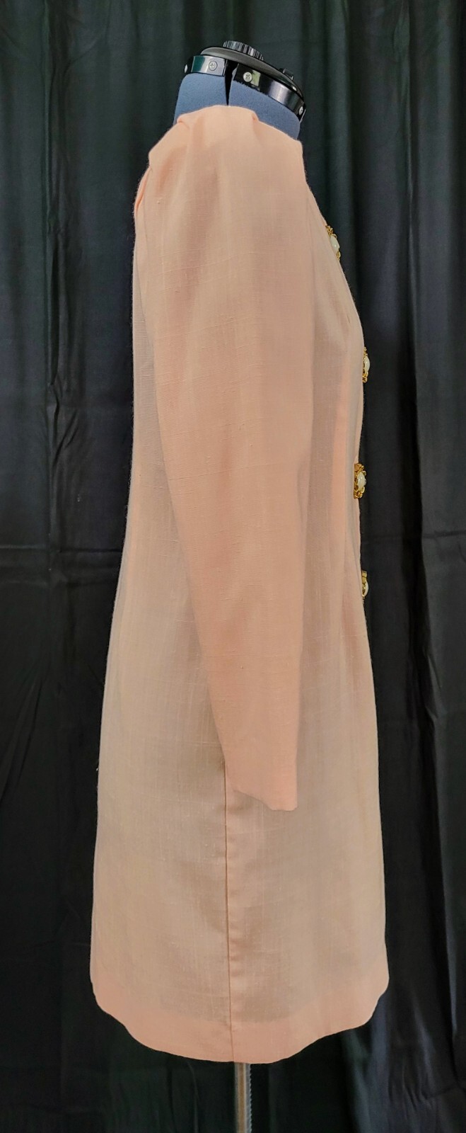 Vintage Peach Linen-Look Sheath Dress w Large Accent Buttons Size M?